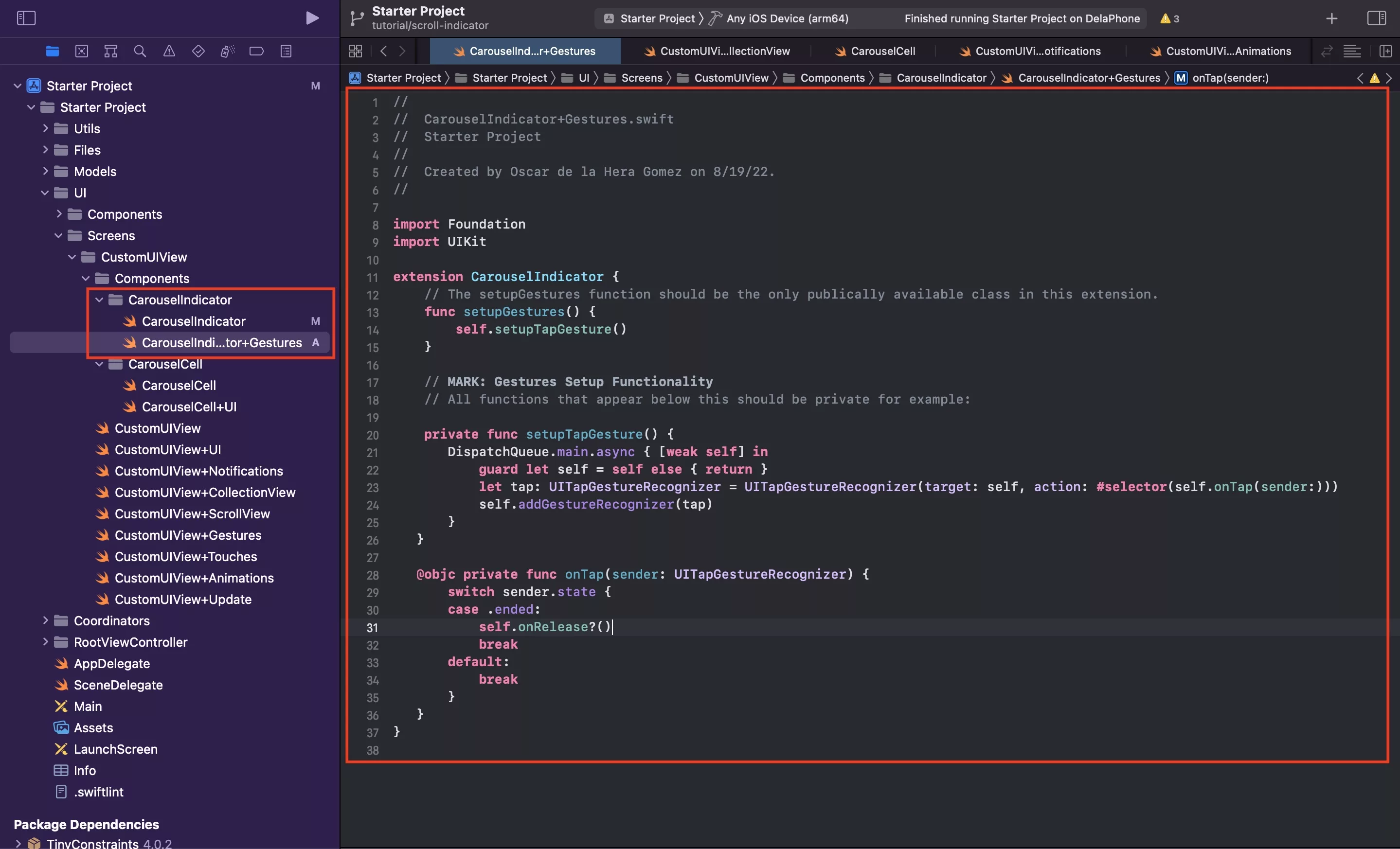 A screenshot showing you how we setup touches for our scroll indicator.