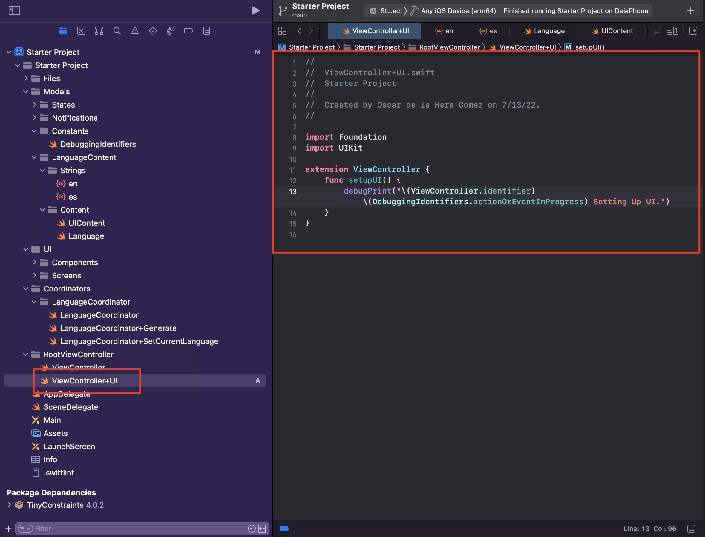 A screenshot showing you the code for the new ViewController+UI extension.