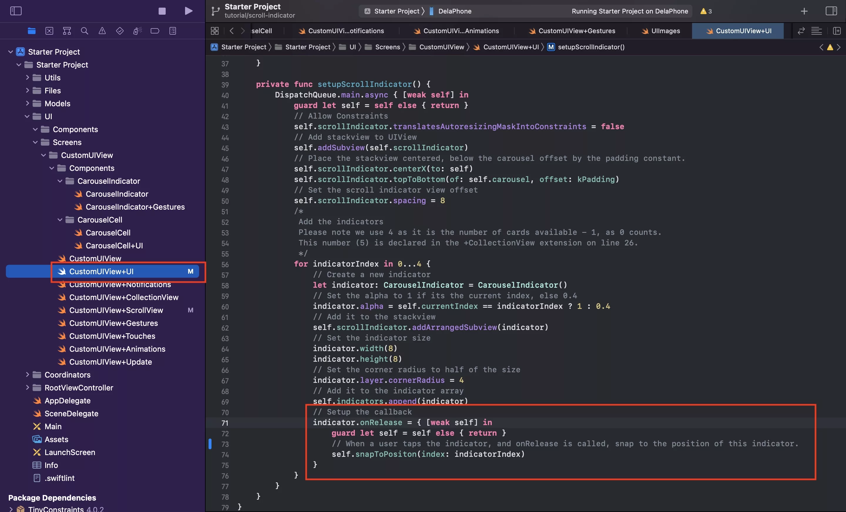 A screenshot showing you how we setup the scroll to index on tap. Please note that we made snap to position not private to allow it to be accessed from this extension.