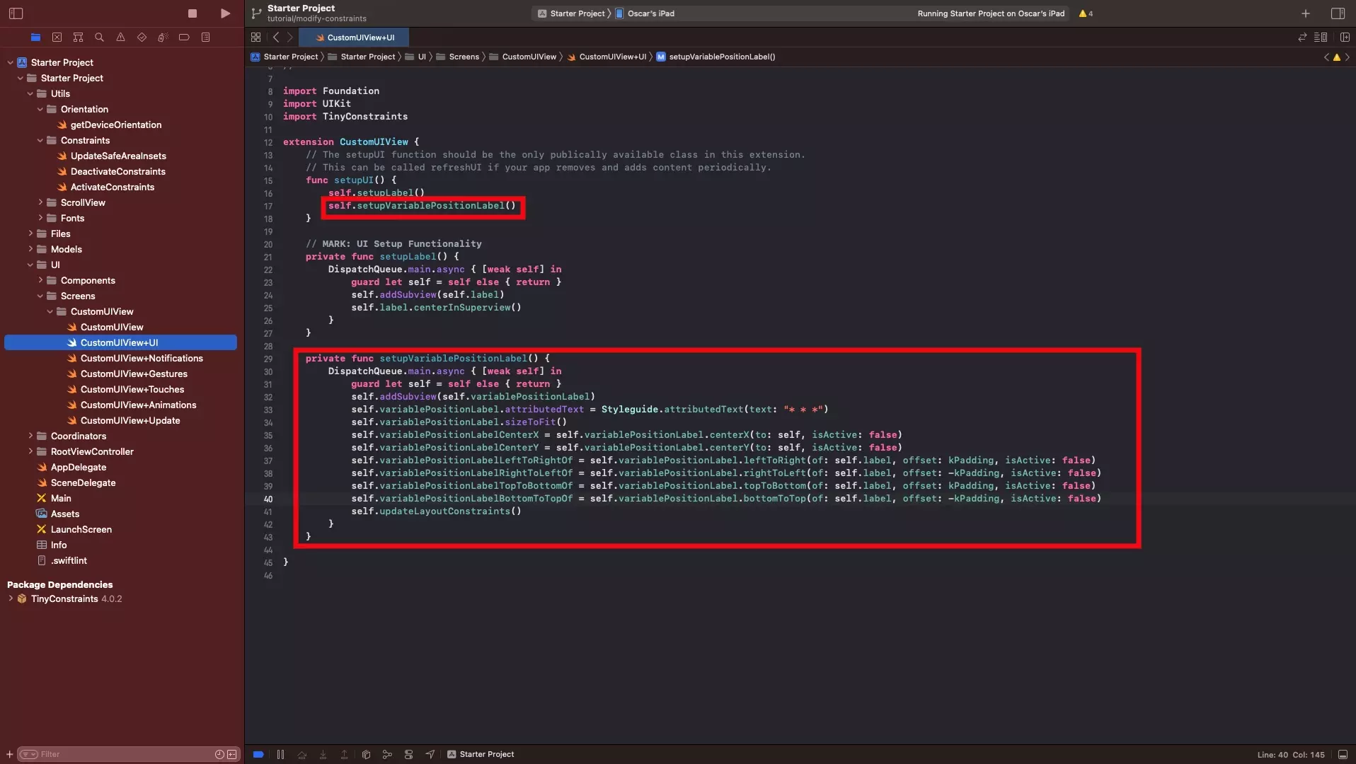A screenshot of XCode on the CustomUIView+UI.swift file with a highlight of where we called setupVariablePositionLabel in setupUI as well as the setupVariablePositionLabel function declaration and code.