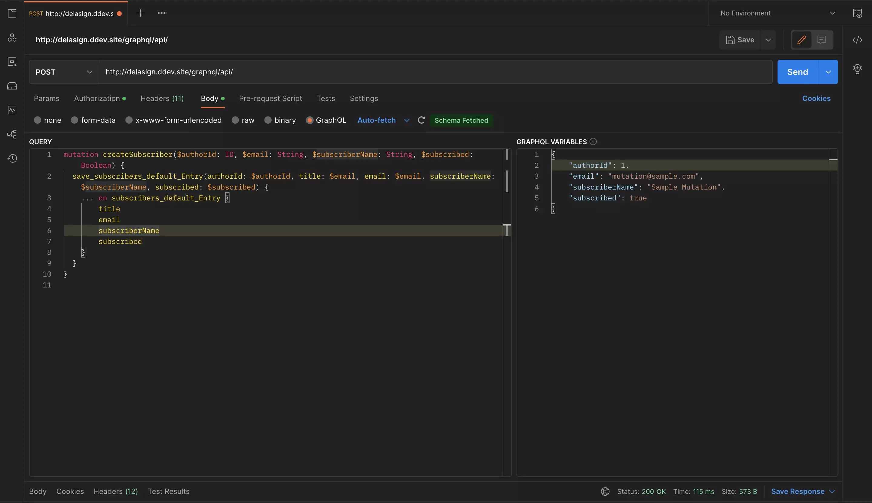 A screenshot of Postman showing the completed GraphQL mutation and variables.
