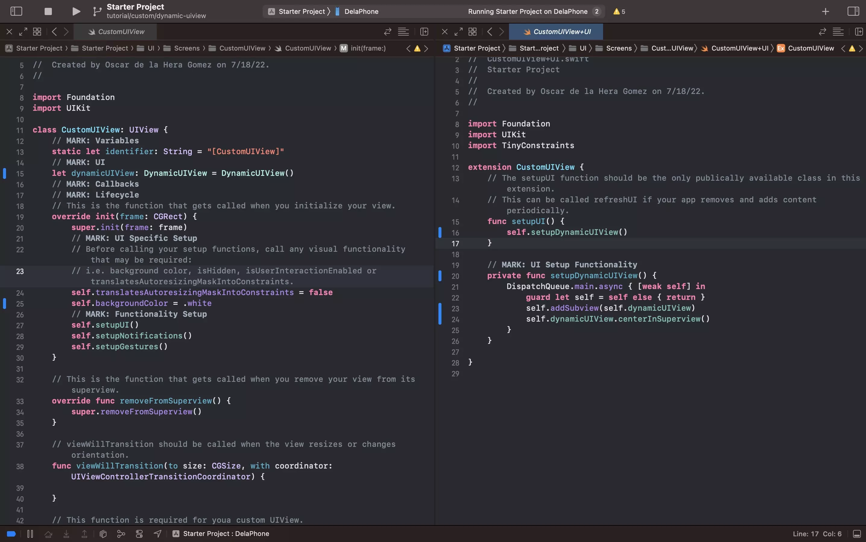 A screenshot of Xcode showing the code alterations that were made to the CustomUIVIew.swift and CustomUIVIew+UI.swift extensions.