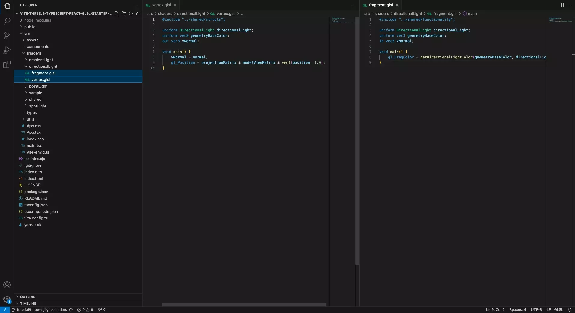 A screenshot of VSCode showing the directional light vertex and fragment shader.