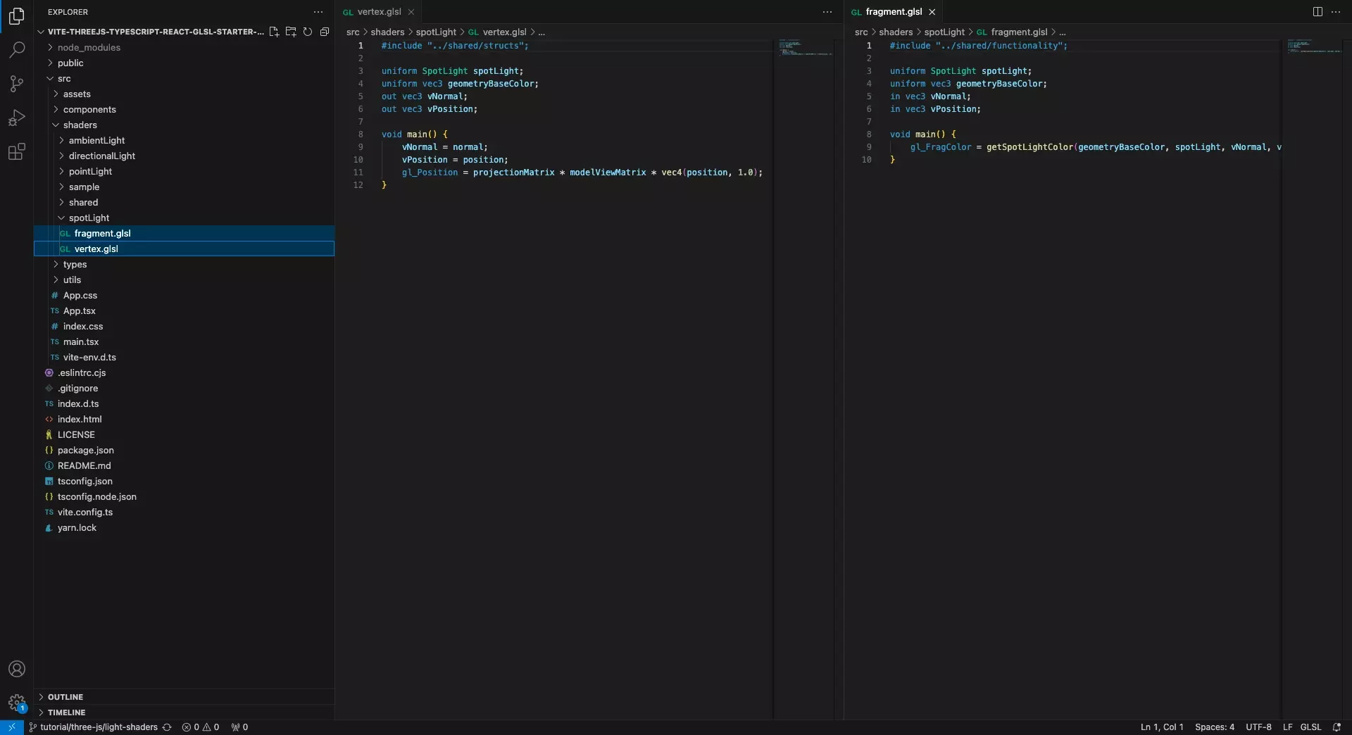 A screenshot of VSCode showing the spot light vertex and fragment shader.