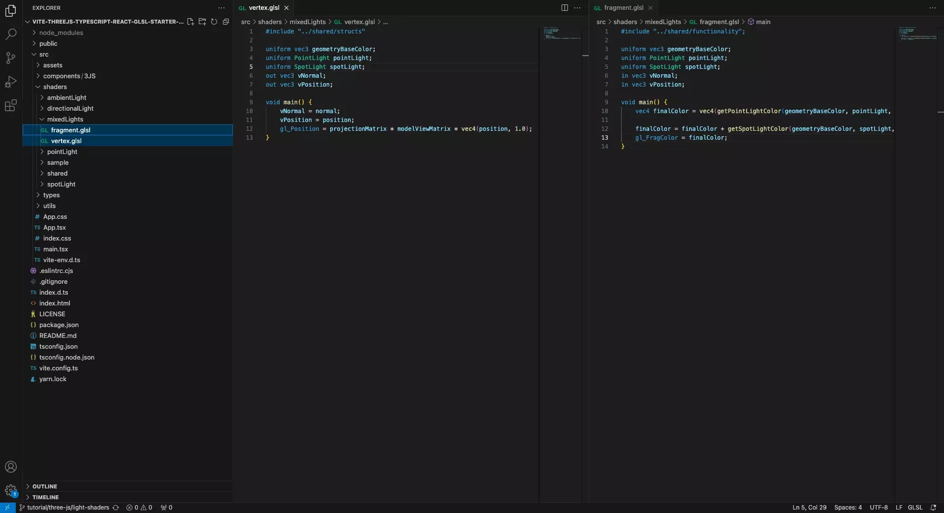 A screenshot of VSCode showing the shader that we wrote that combines a point light and a spotlight. The code is available in the repository linked above.