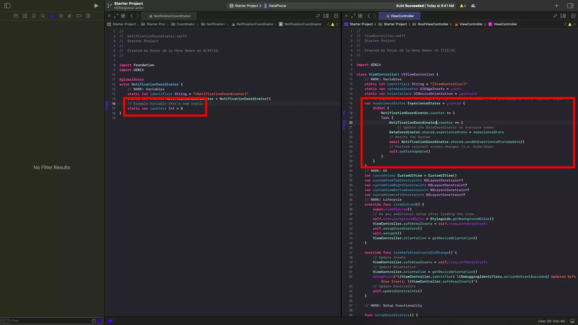A screenshot of XCode demonstrating how static global actor properties can be updated within a Main Actor or within a task.