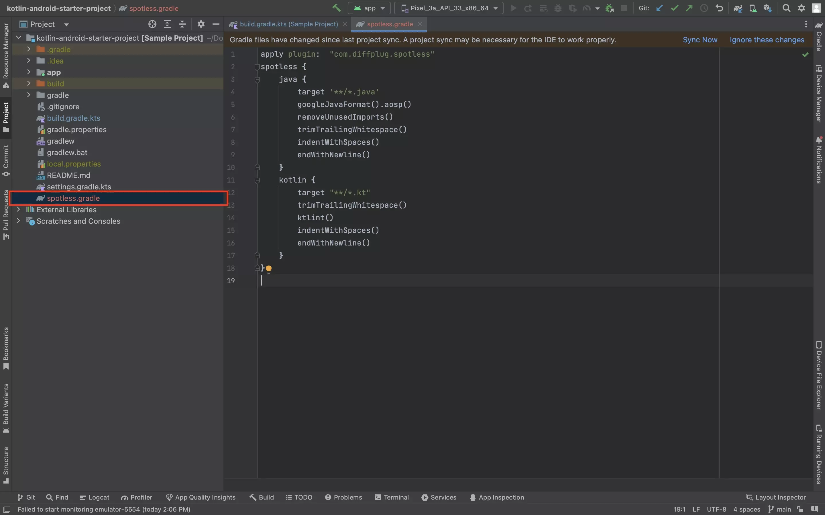 A screenshot of Android Studio showing the spotless.gradle file. We highlighted that it is found at the root of the project. It shows the code that is available below.