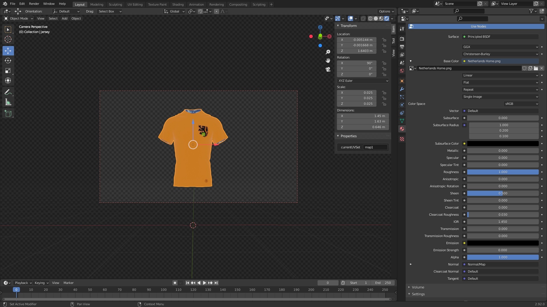 A 1970 Holland Replica in Blender with material settings on the right.