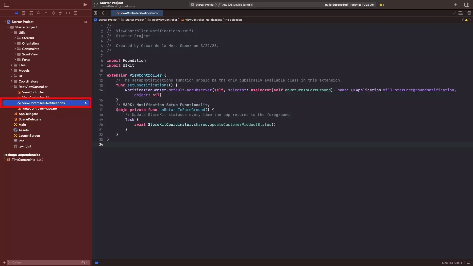 A screenshot of Xcode showing the ViewController+Notifications.swift file that is created in this step. Code below.