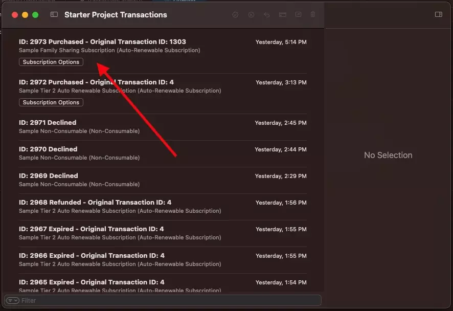 A screenshot of the Xcode StoreKit Transaction Manager showing the confirmed purchase.