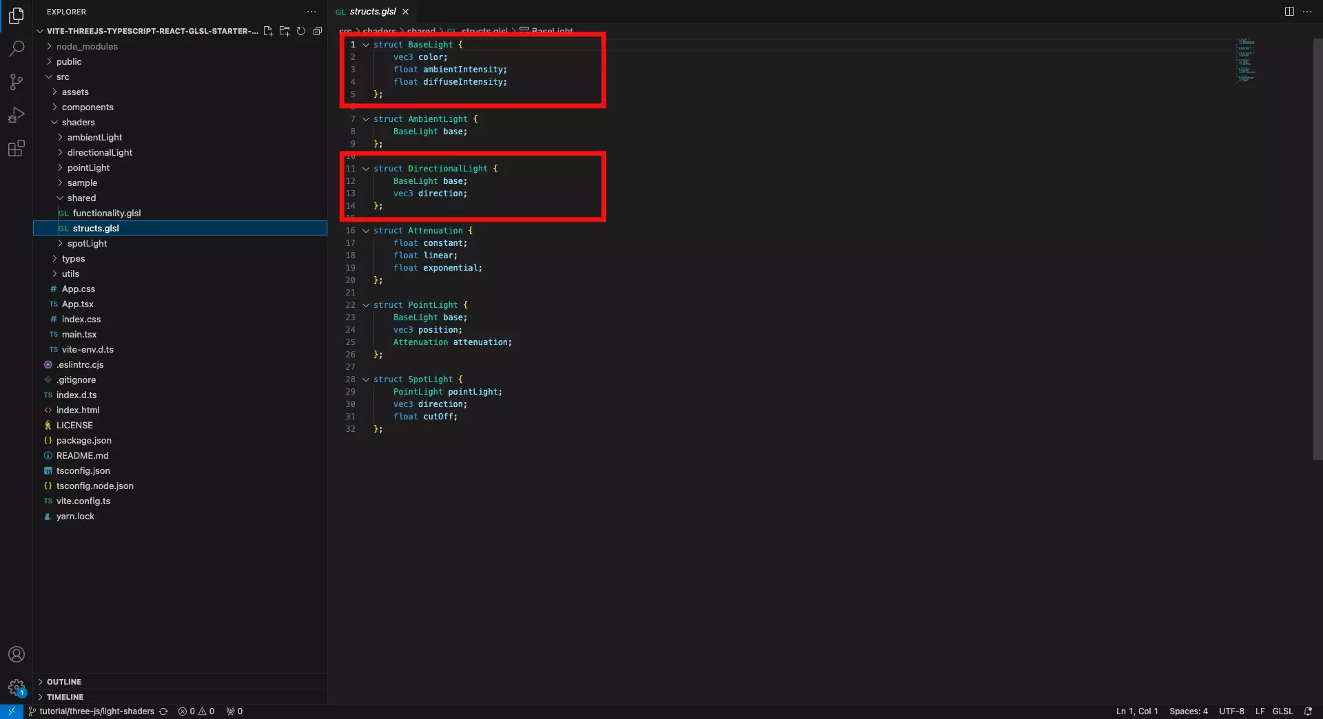 A screenshot of VSCode highlighting the structs for a directional light.