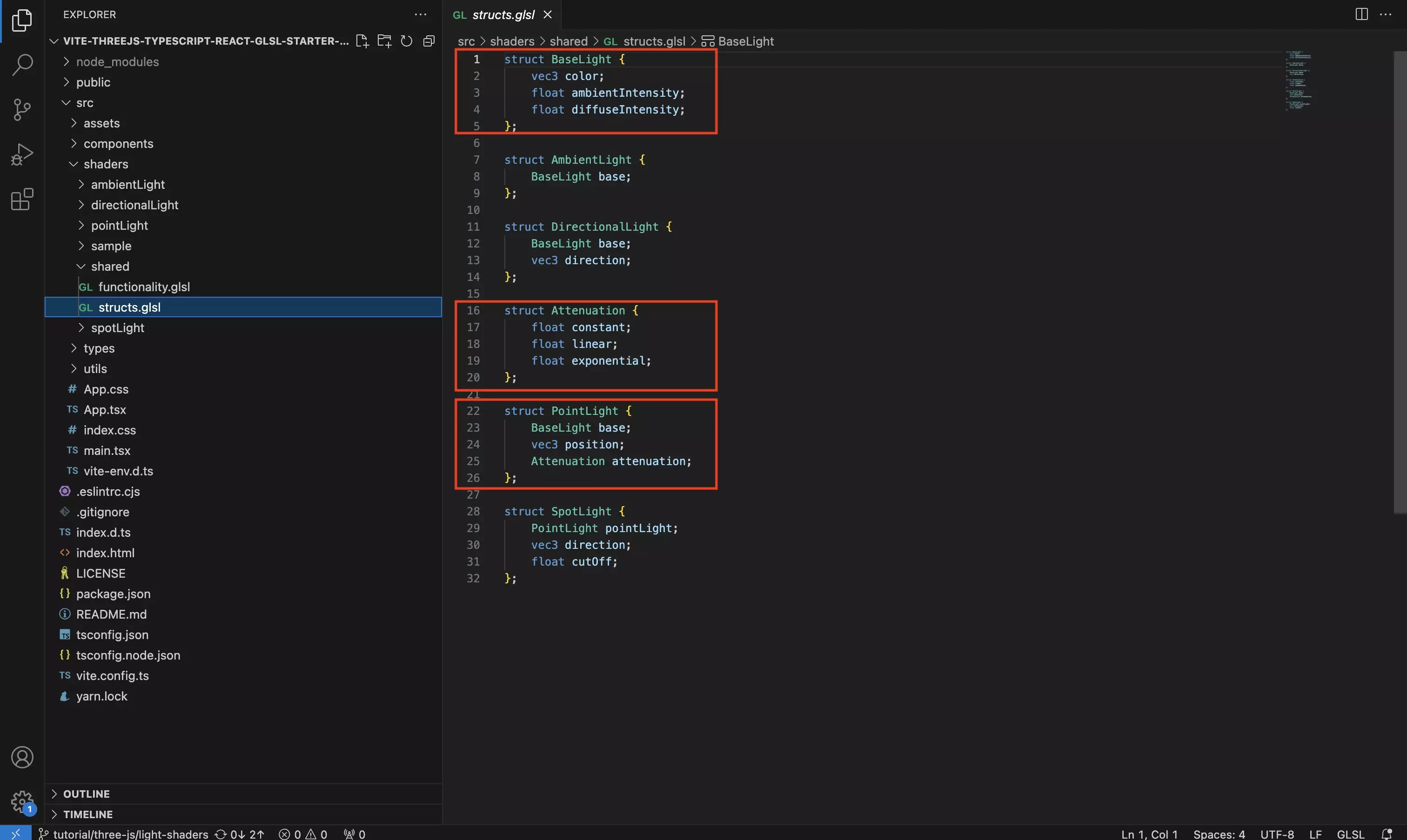 A screenshot of VSCode highlighting the BaseLight, Attenuation and PointLight struct that are required for this tutorial Code is found below.