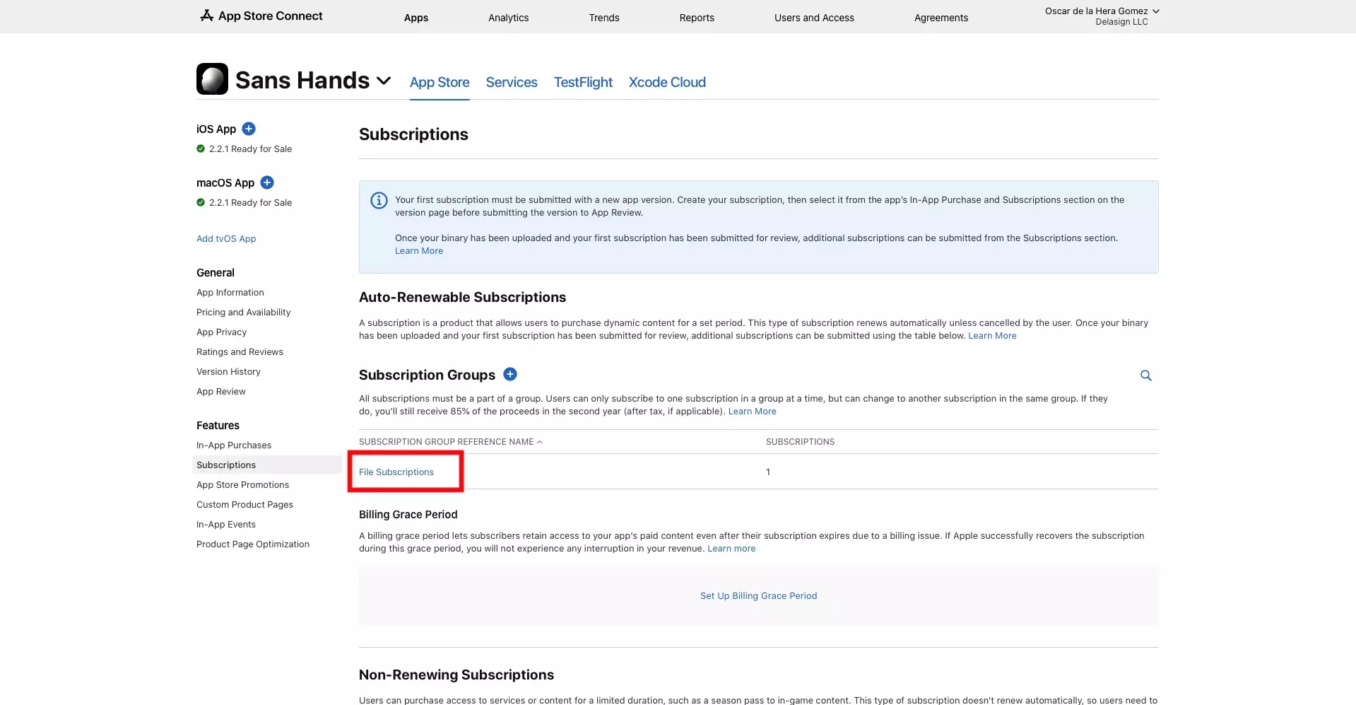 A screenshot of the App Store Connect Subscriptions Page, with a highlight on a reference name for a subscription group. Select a Subscription Group Reference Name, to access that Subscription Group.