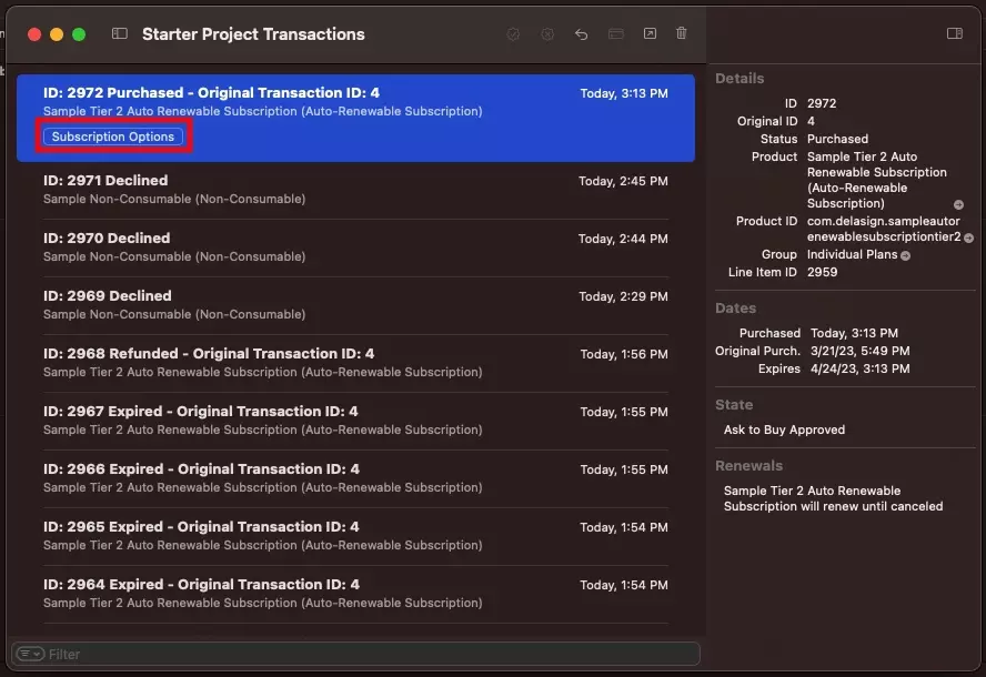 A screenshot of the Xcode StoreKit Transaction Manager with a highlight on "Subscription Options" on an Auto-Renewable Subscription transaction that is marked as purchased.