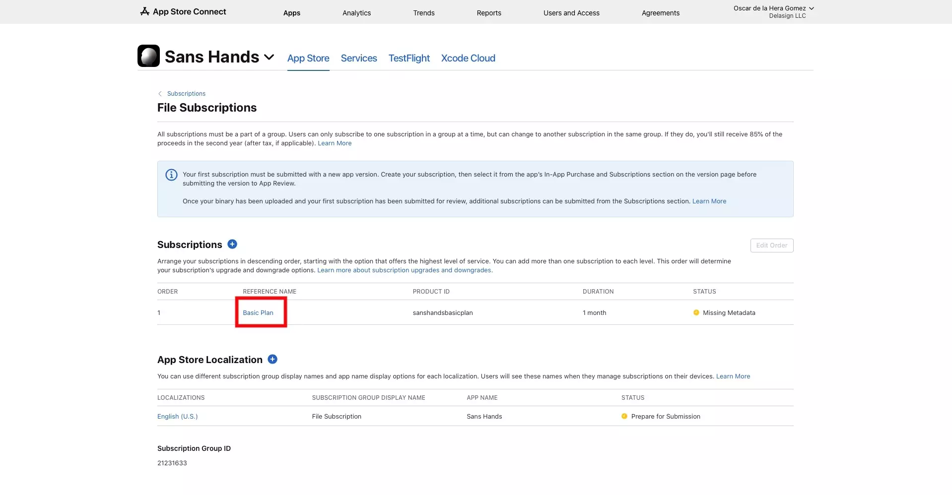 A screenshot of the App Store Connect Subscription Group page for a Subscription Group that we created in a tutorial linked above. Highlighted is the Reference Name of a subscription that we created. Select the reference name of the subscription that you wish to access the details of.