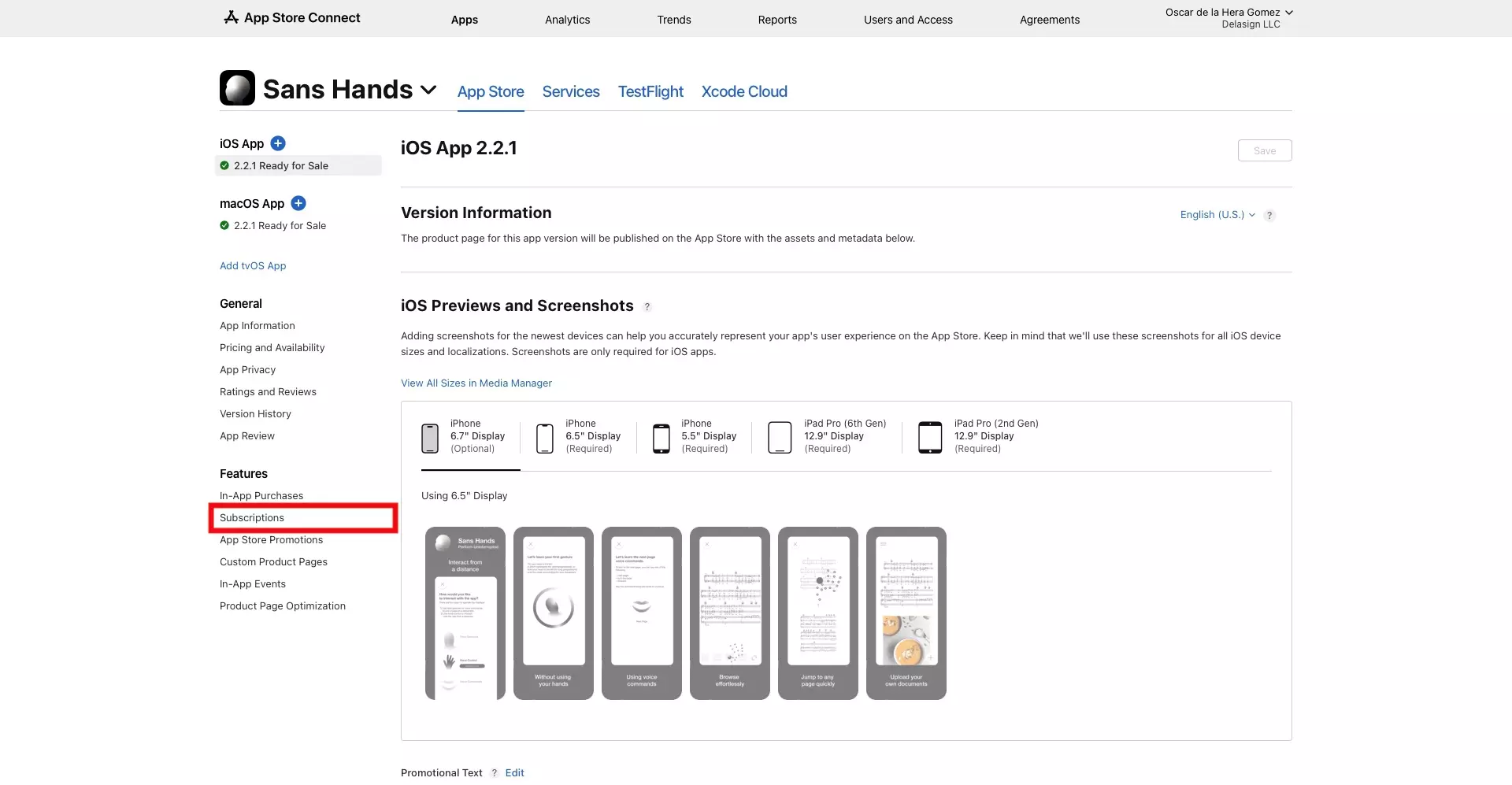A screenshot of App Store Connect on an App Landing Page. Highlighted on the left menu side bar, under features, is "Subscription" click this tab to open the Subscriptions for the app.