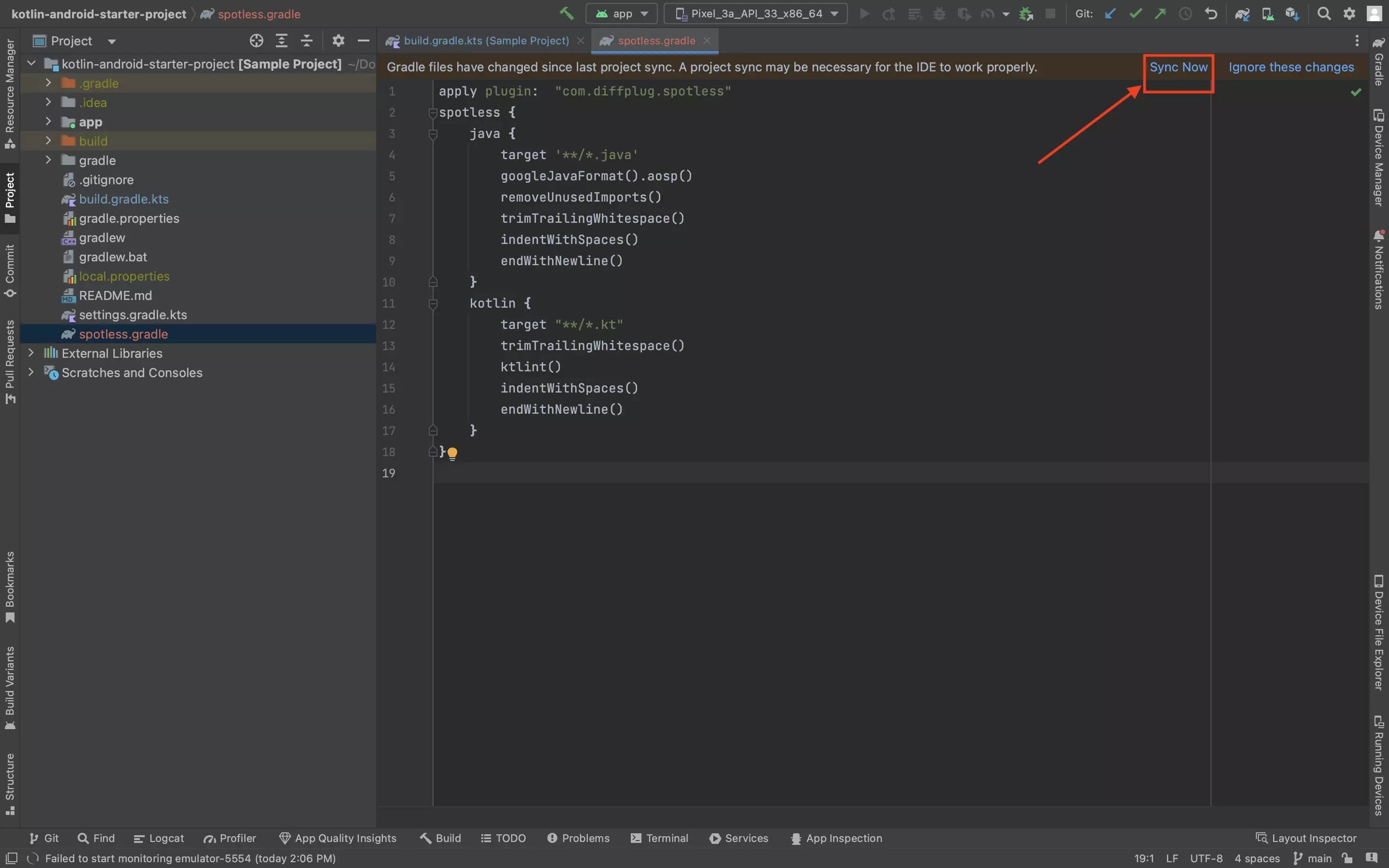 A screenshot of Android Studio showing the spotless.gradle file. Highlighted is the "Sync Now" button that appears on a bar, informing you that the grades must be synced in order for changes to take effect. Press the "Sync Now" button.