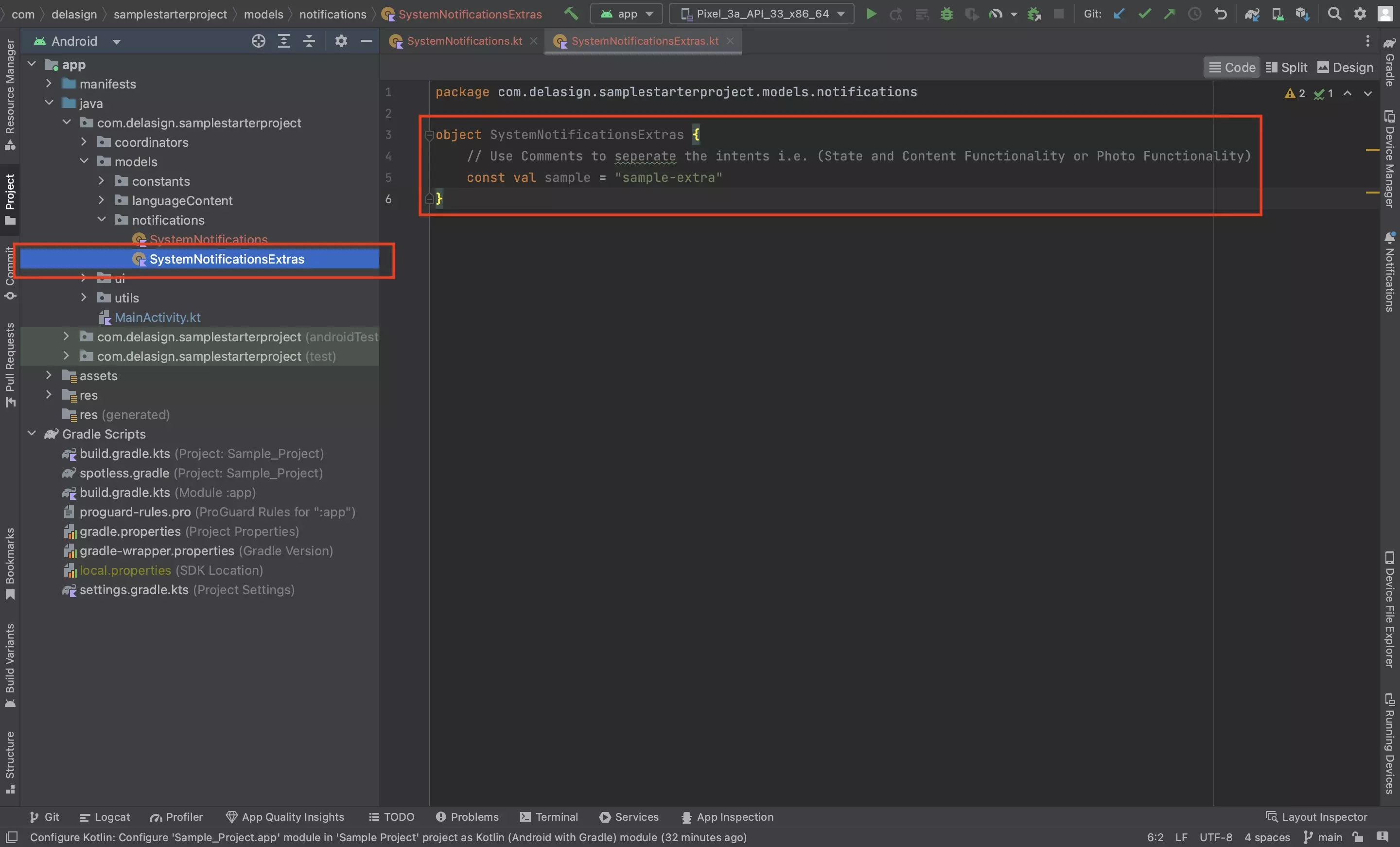 A screenshot of Android Studio showing how we model Extras.