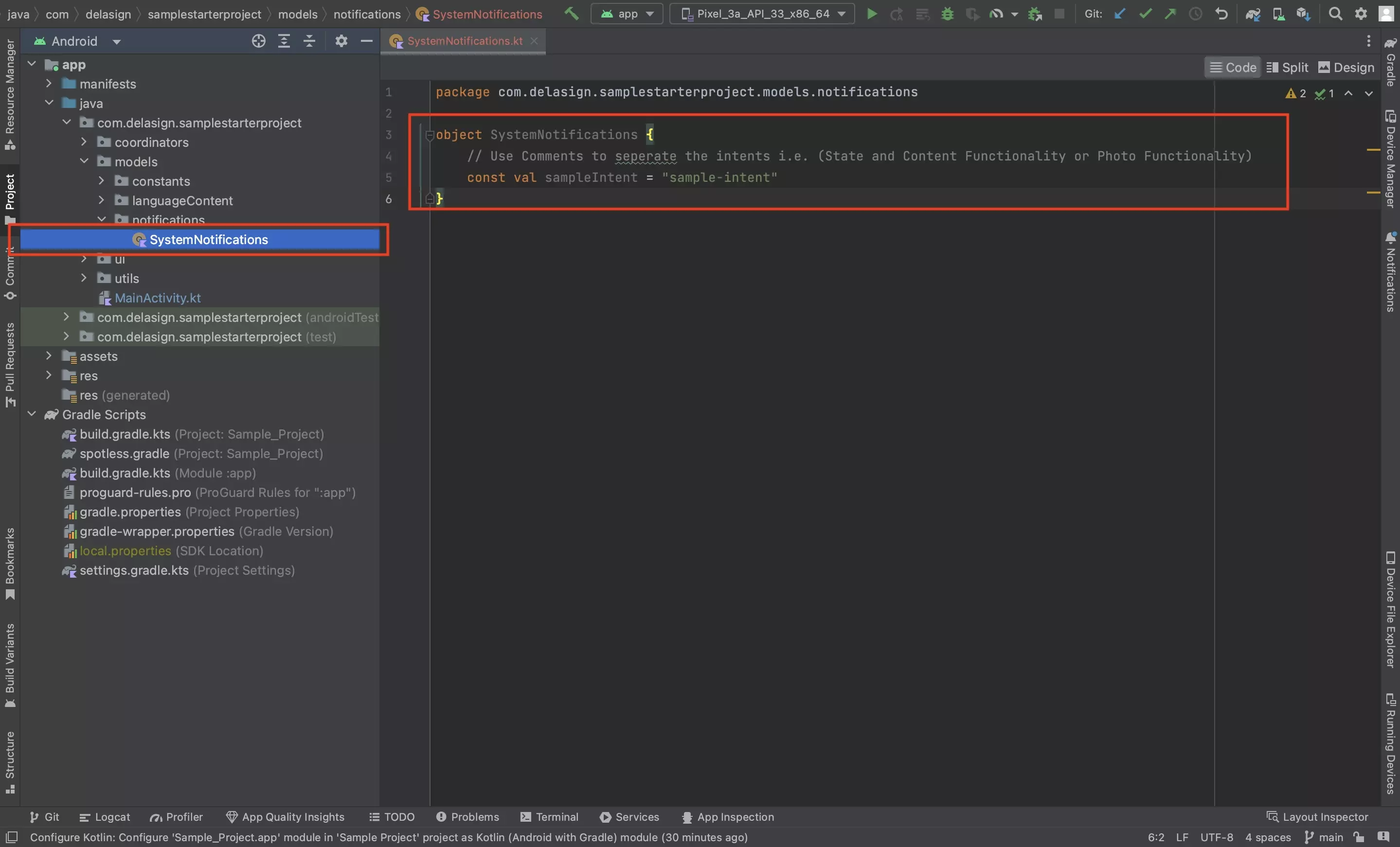 A screenshot of Android Studio show how we model intents.