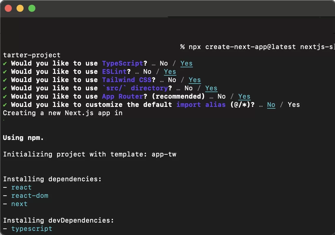 A screenshot of Terminal window showing the process for creating a project.