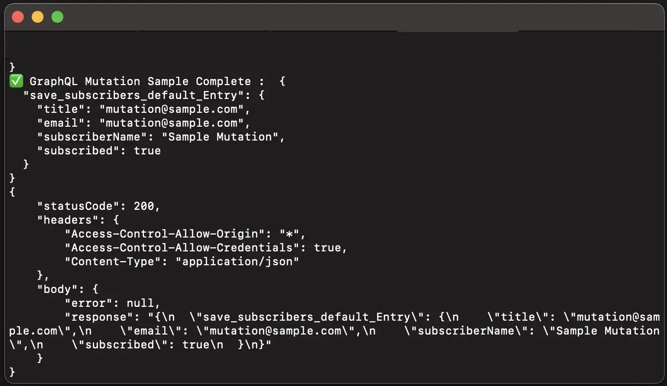 A screenshot of Terminal showing the response of the local invocation of the Serverless function.