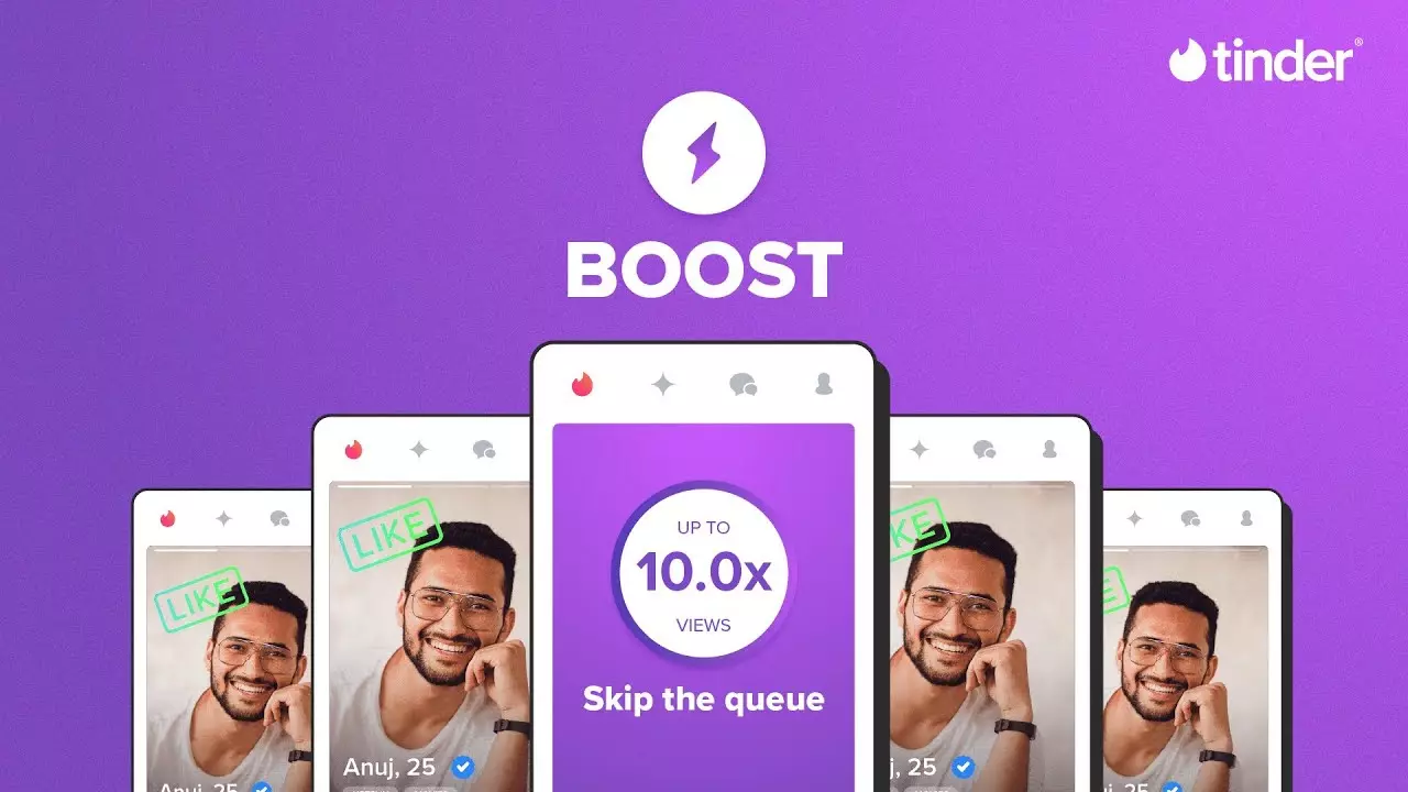 A banner advertising Tinder boost, suggesting you can "skip the queue."