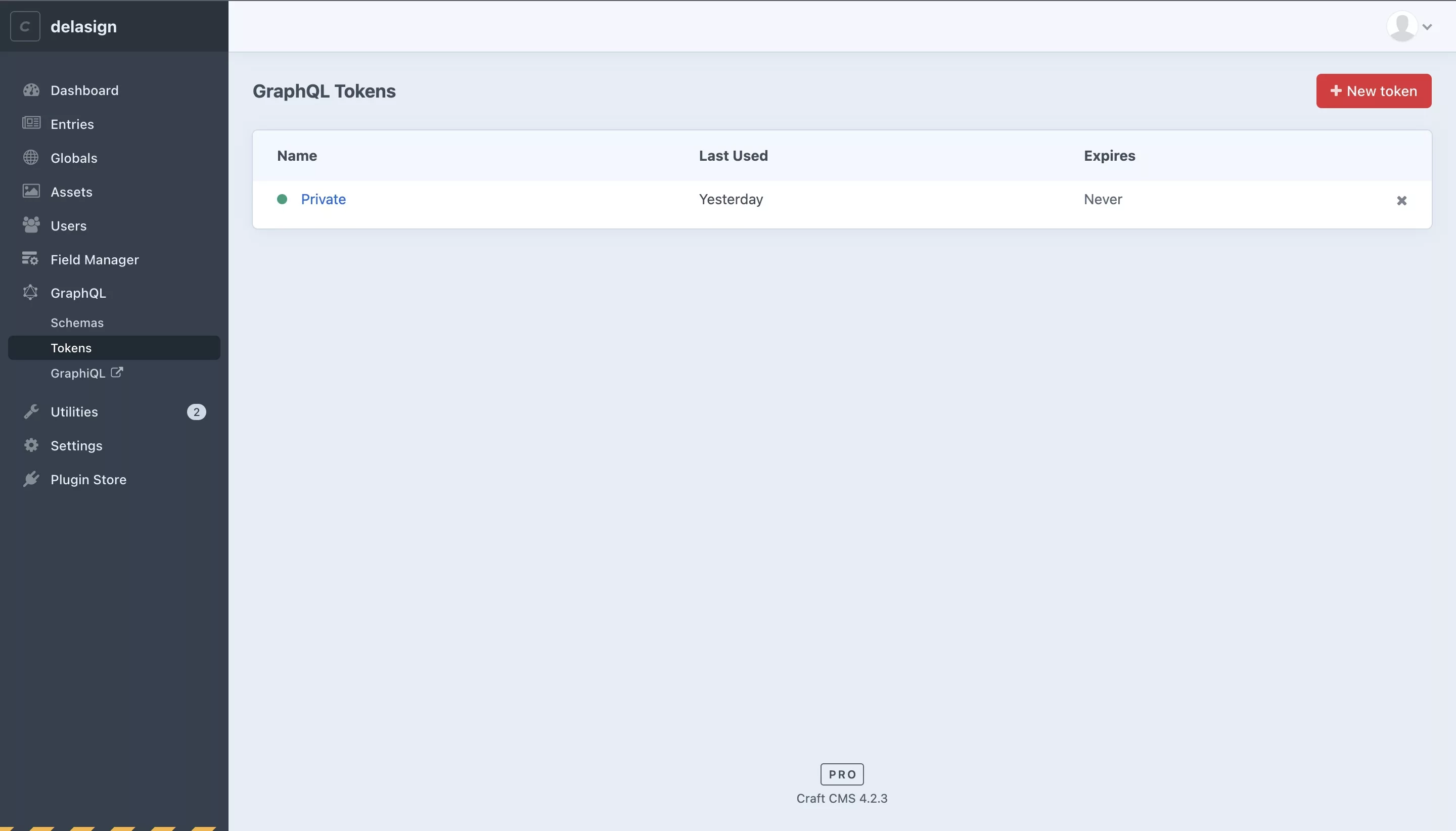 A screenshot of the Craft CMS GraphQL Tokens available for delasign.com.