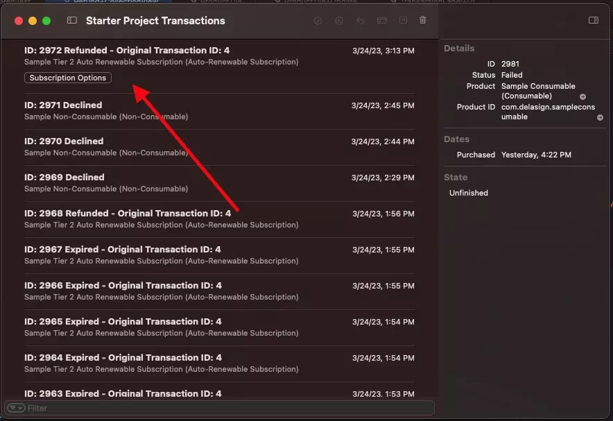 A screenshot of the Xcode StoreKit transaction manager showing a refund.