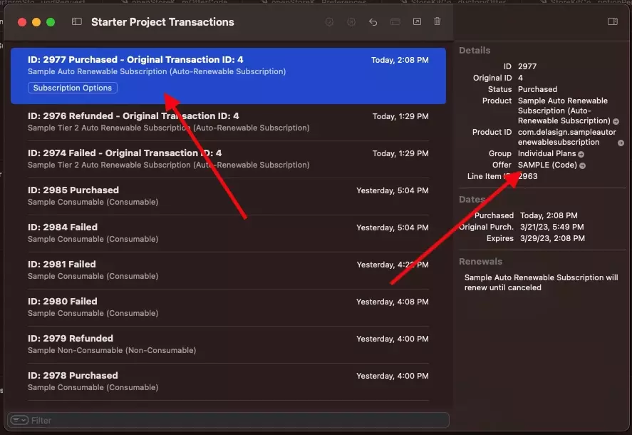 A screenshot of the transaction in the StoreKit Transaction Manager.