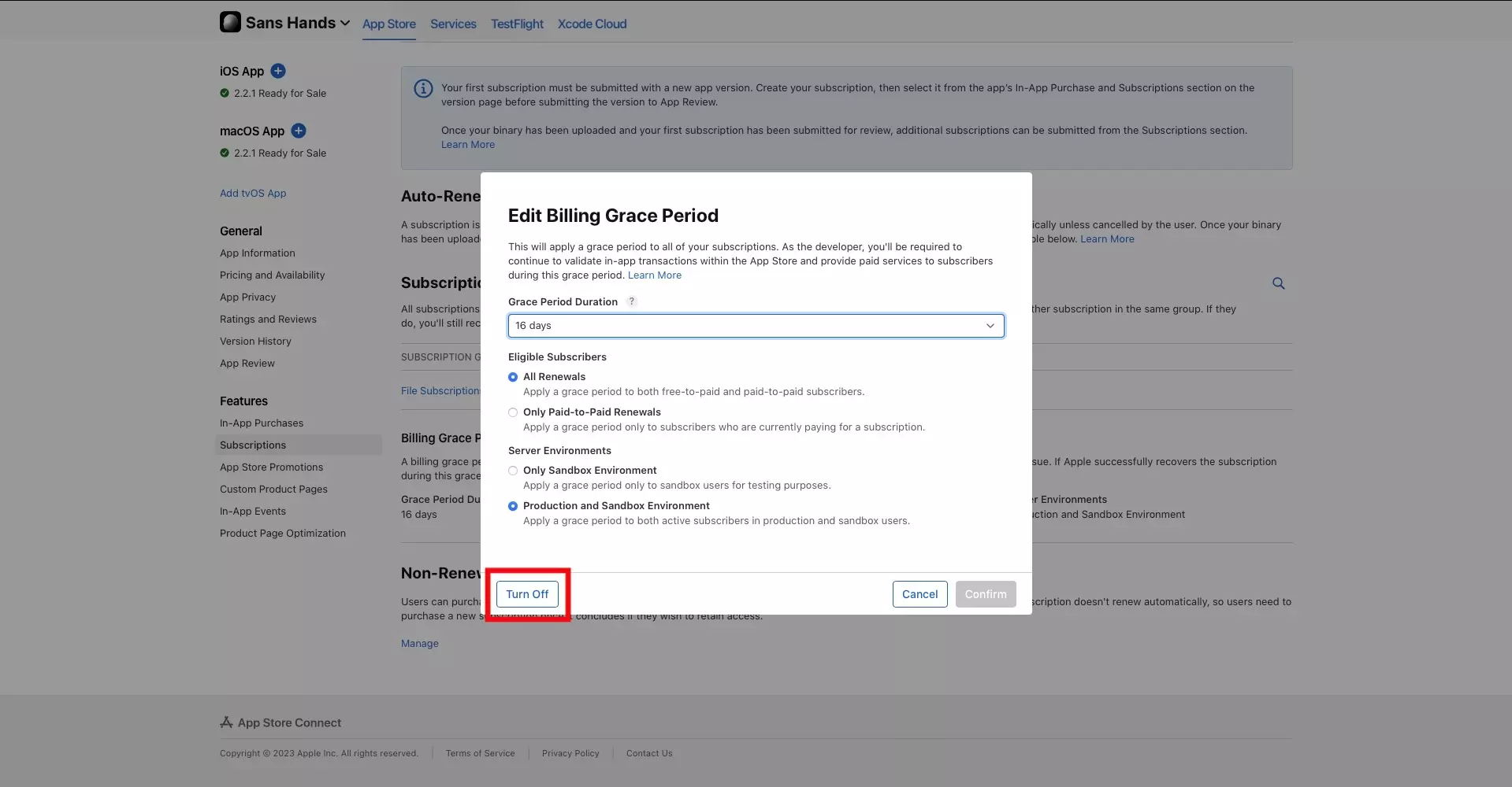 A screenshot of the App Store Connect Edit Billing Grace Period modal, with a highlight on the Turn Off button on the bottom left.