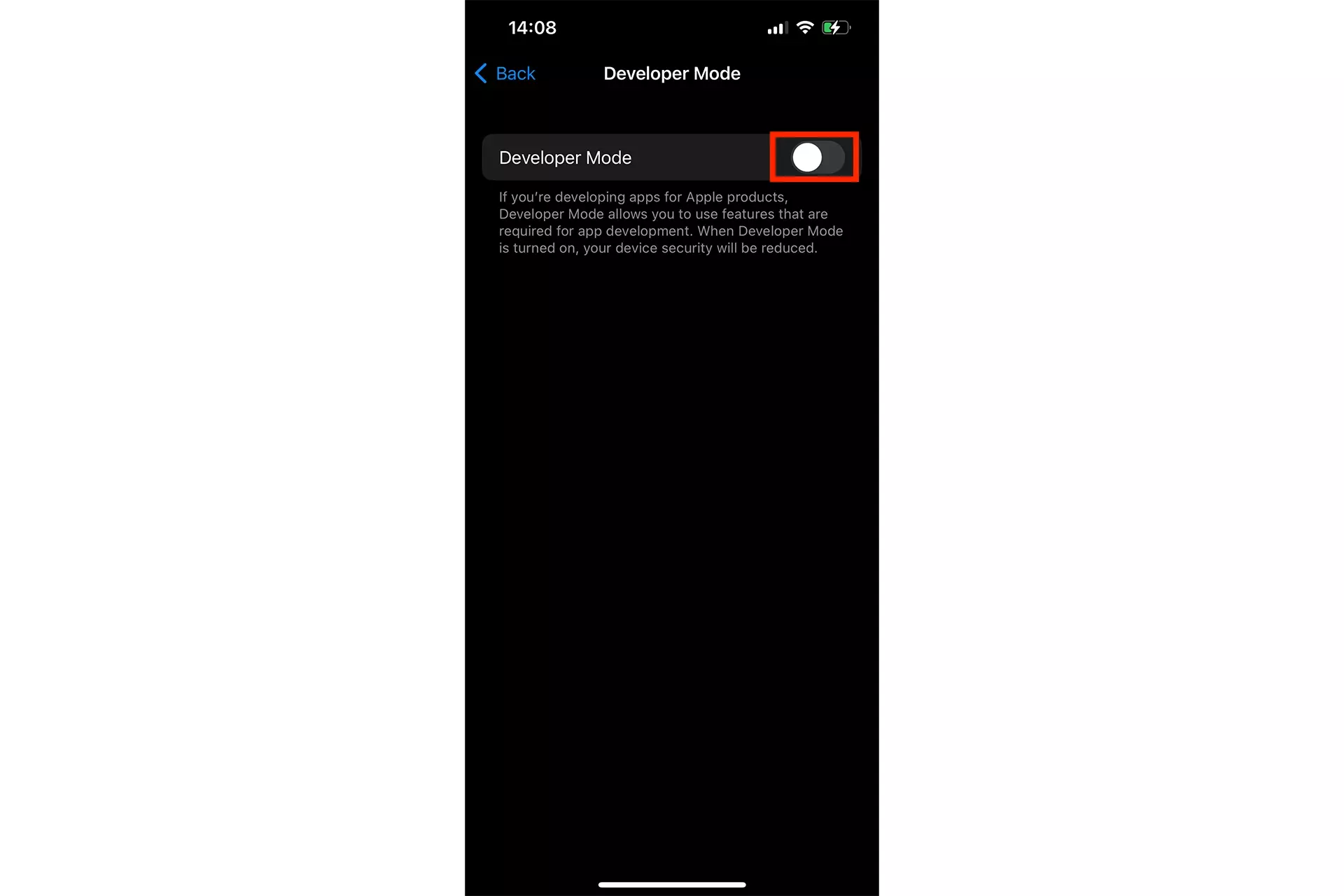 A screenshot of the Developer Mode view within the settings app, with a highlight on the flip switch.