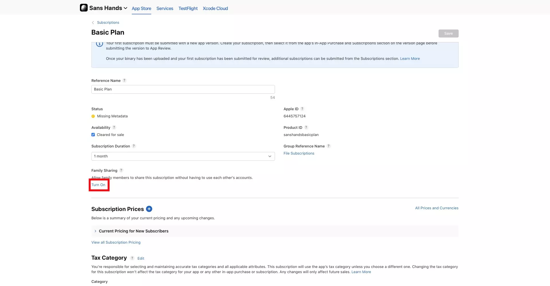 A screenshot of an App Store Connect Subscription page with a highlight on "Turn on" which can be found at the top of the page under "Family Sharing."