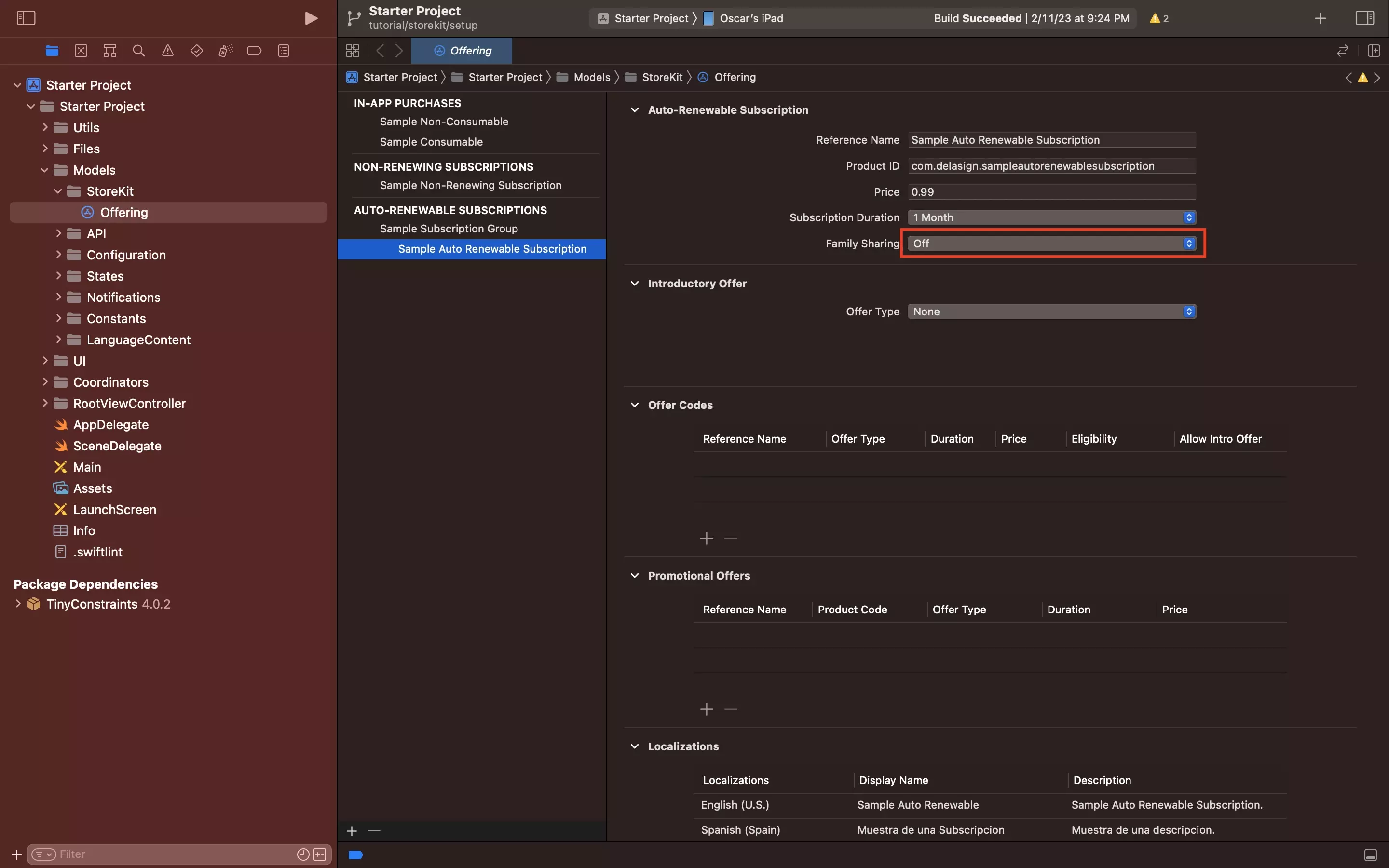 A screenshot of Xcode showing an Auto-Renewable Subscription within a local StoreKit Configuration File. Highlighted is the dropdown next to Family Sharing. Click this dropdown and select ON to turn on Family Sharing for this subscription.