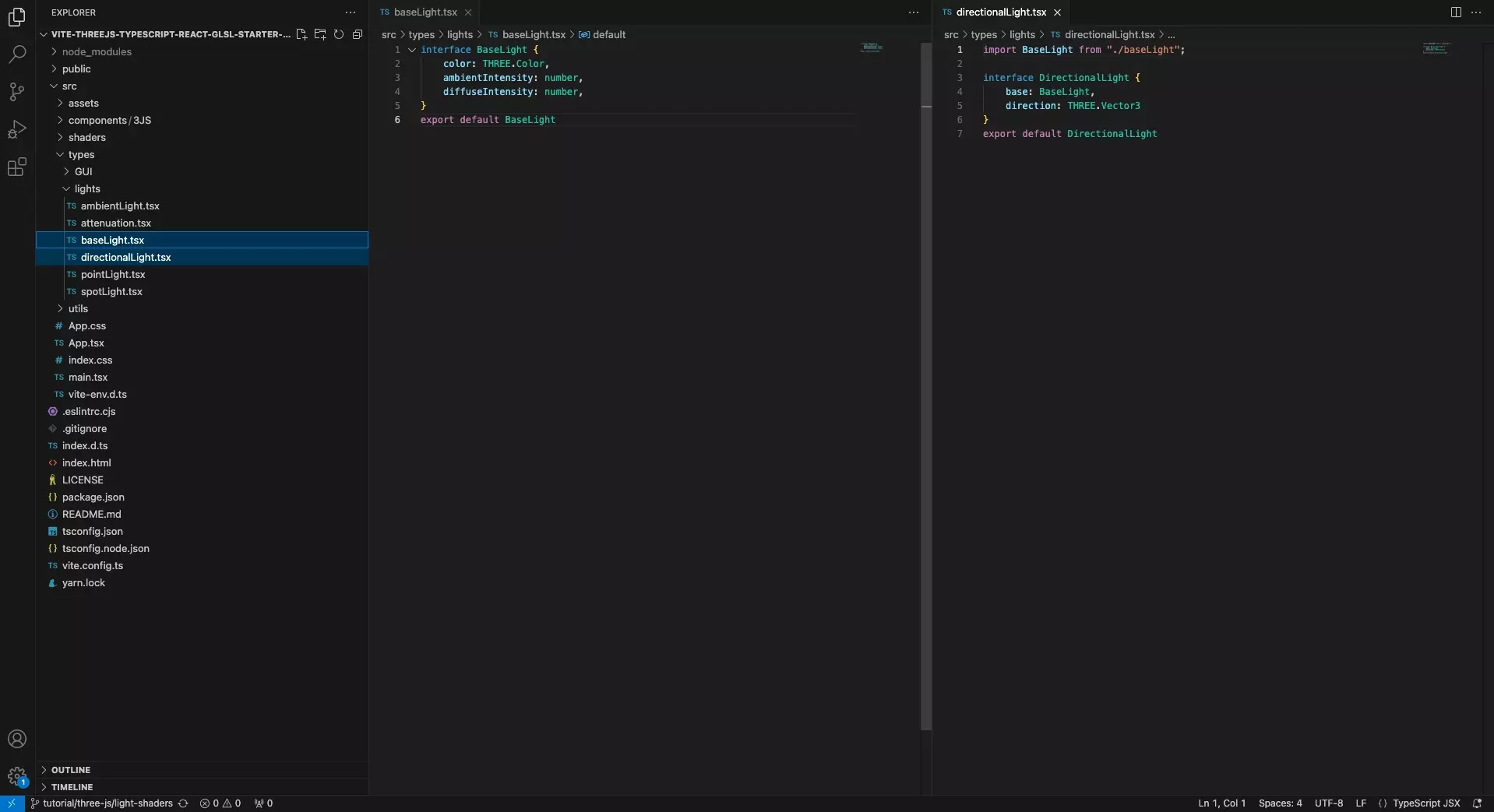 A screenshot of VSCode showing the Typescript types for the BaseLight and the DirectionalLight.