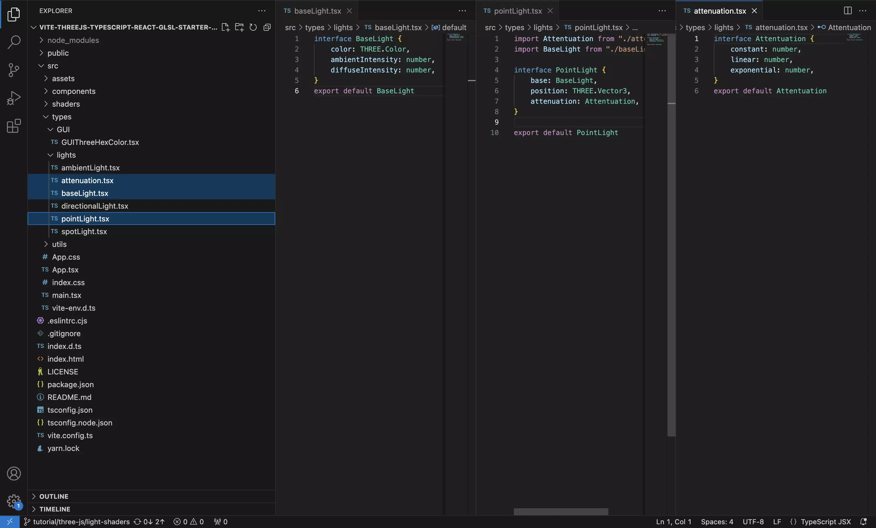 A screenshot of VSCode showing the types for the BaseLight, the Attenuation and PointLight.