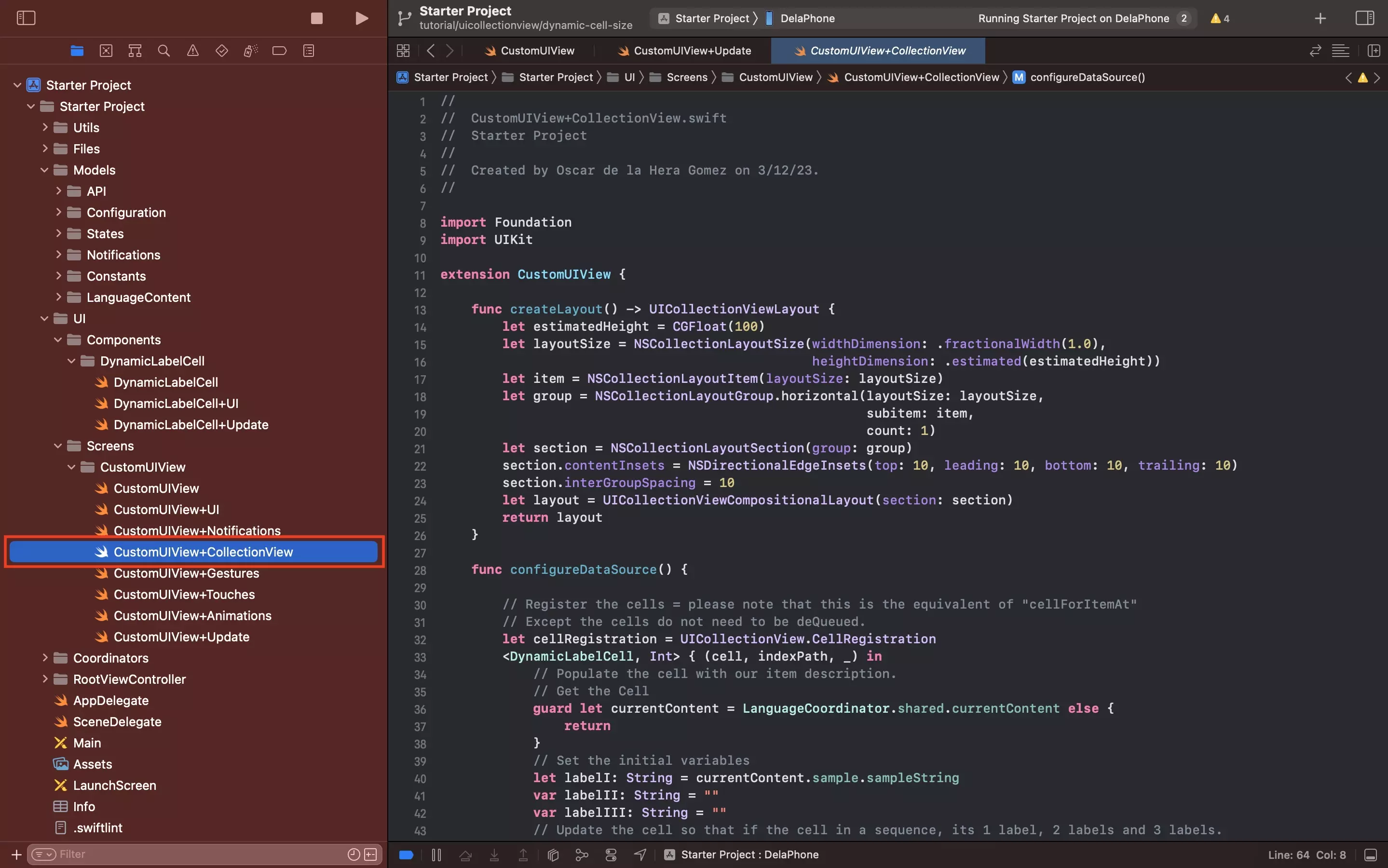 A screenshot of the CustomUIView+CollectionView.swift file in XCode. Code available below.