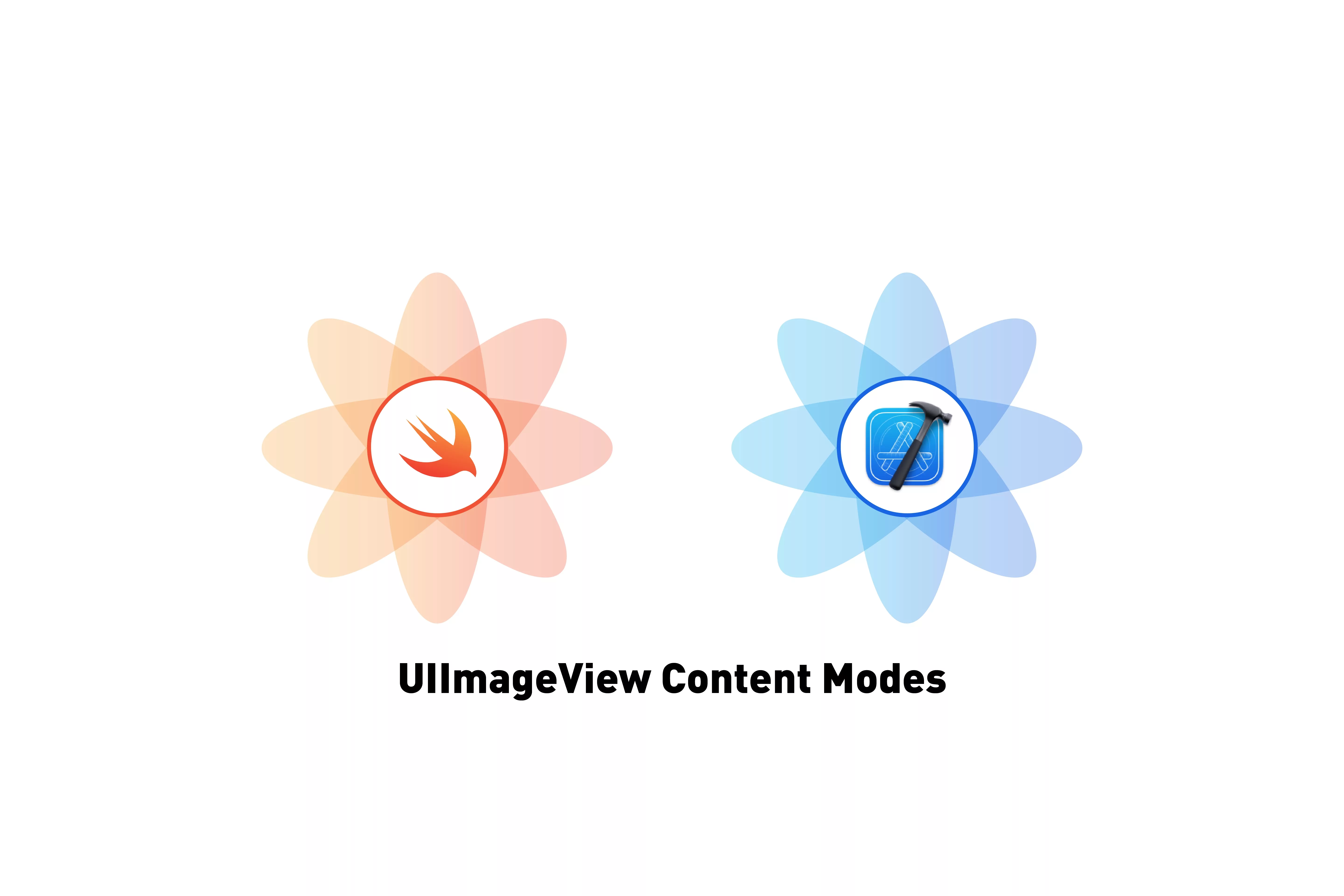 A flower that represents Swift next to a flower that represents XCode. Beneath it sits the text that states 'UIImageView Content Modes'.