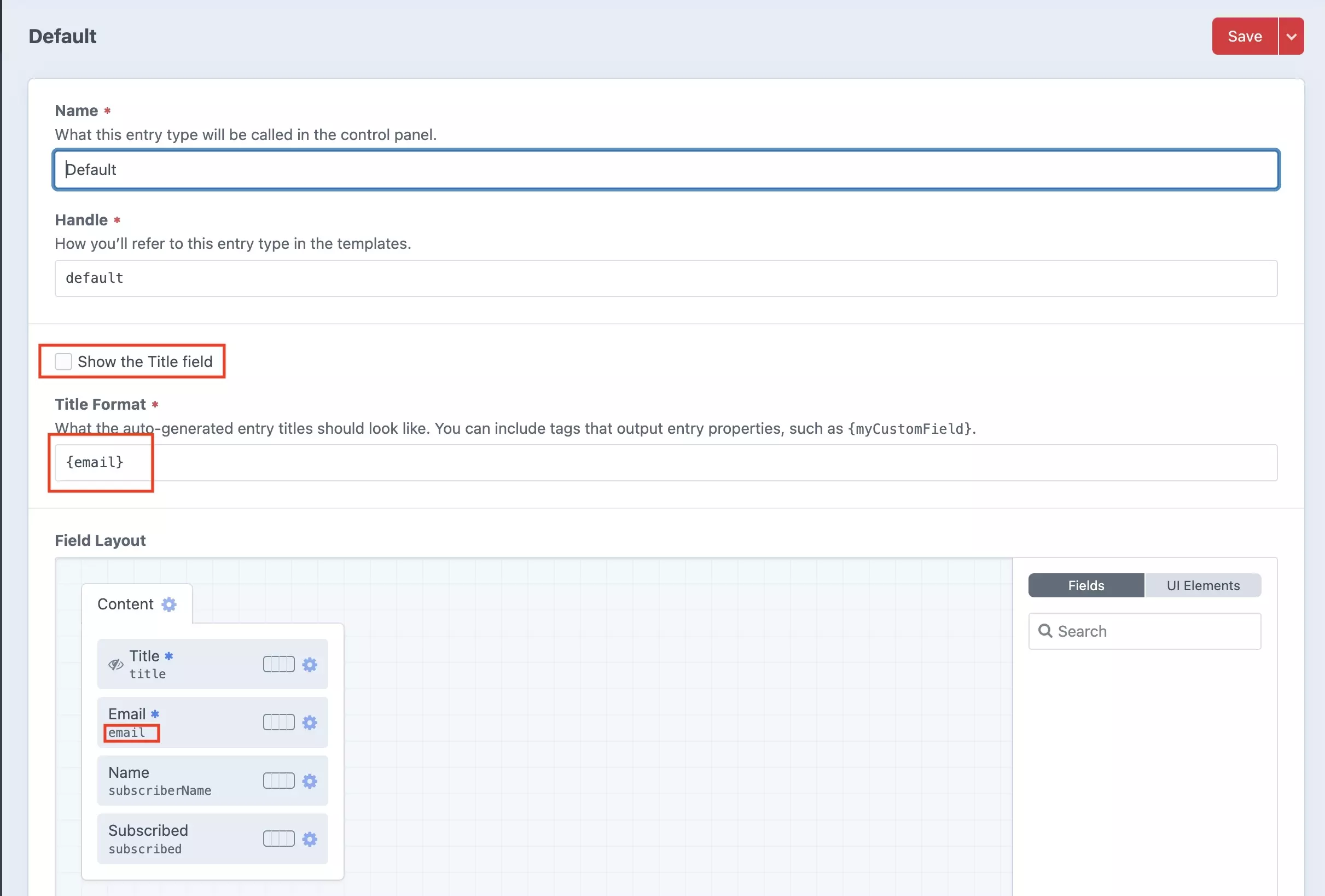A screenshot of the Craft CMS Entry Type screen. It has a highlight on the unchecked "Show the title field", the "Title Format" field that has been replaced with {email}, which is the email field handle; finally the "email" field handle has also been highlighted to show the link between the {email} and email handle.