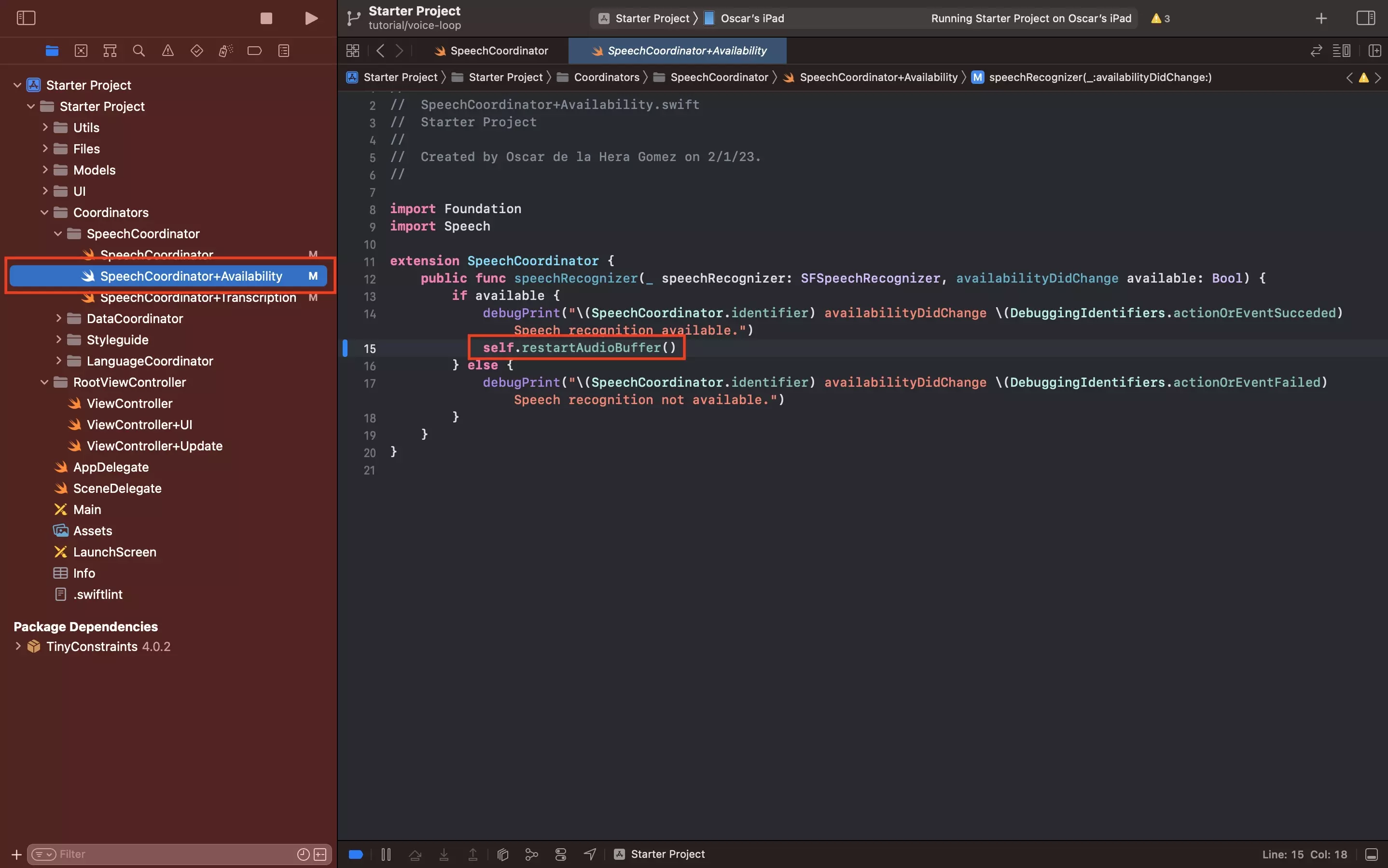 The SpeechCoordinator+Availability.swift file open in Xcode with a highlight on where we have replaced the attempt to transcribe audio, with the function that initiates the looping recording.