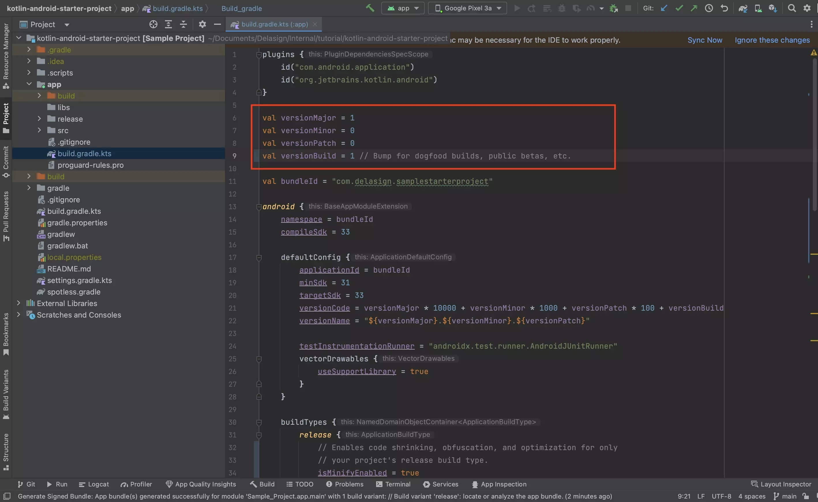 A screenshot of Android Studio showing the app level build.gradle.kts file with the build number variables highlighted. Increment the version build by 1.