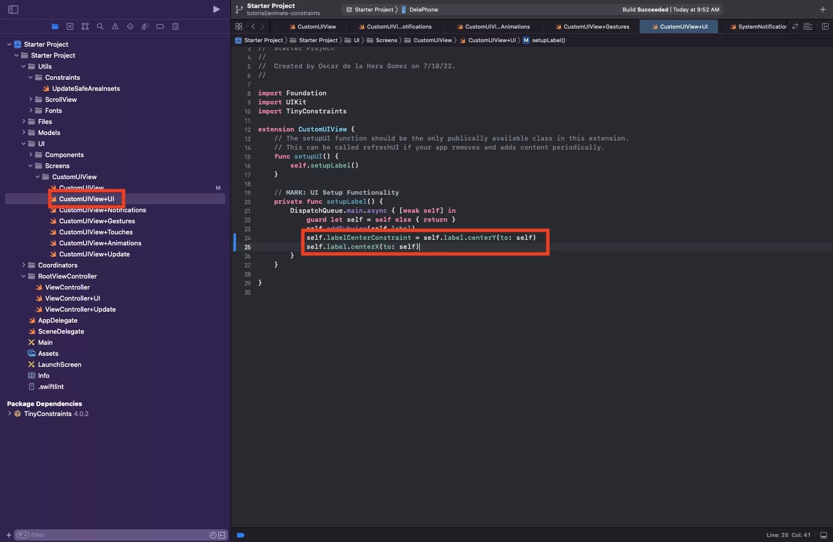 A screenshot showing you the updated constraints for the label. It moves from a single 'centerInSuperview' constraint, to two - one for the x -which is not stored as a variable - and one for the y - which is stored as a variable.