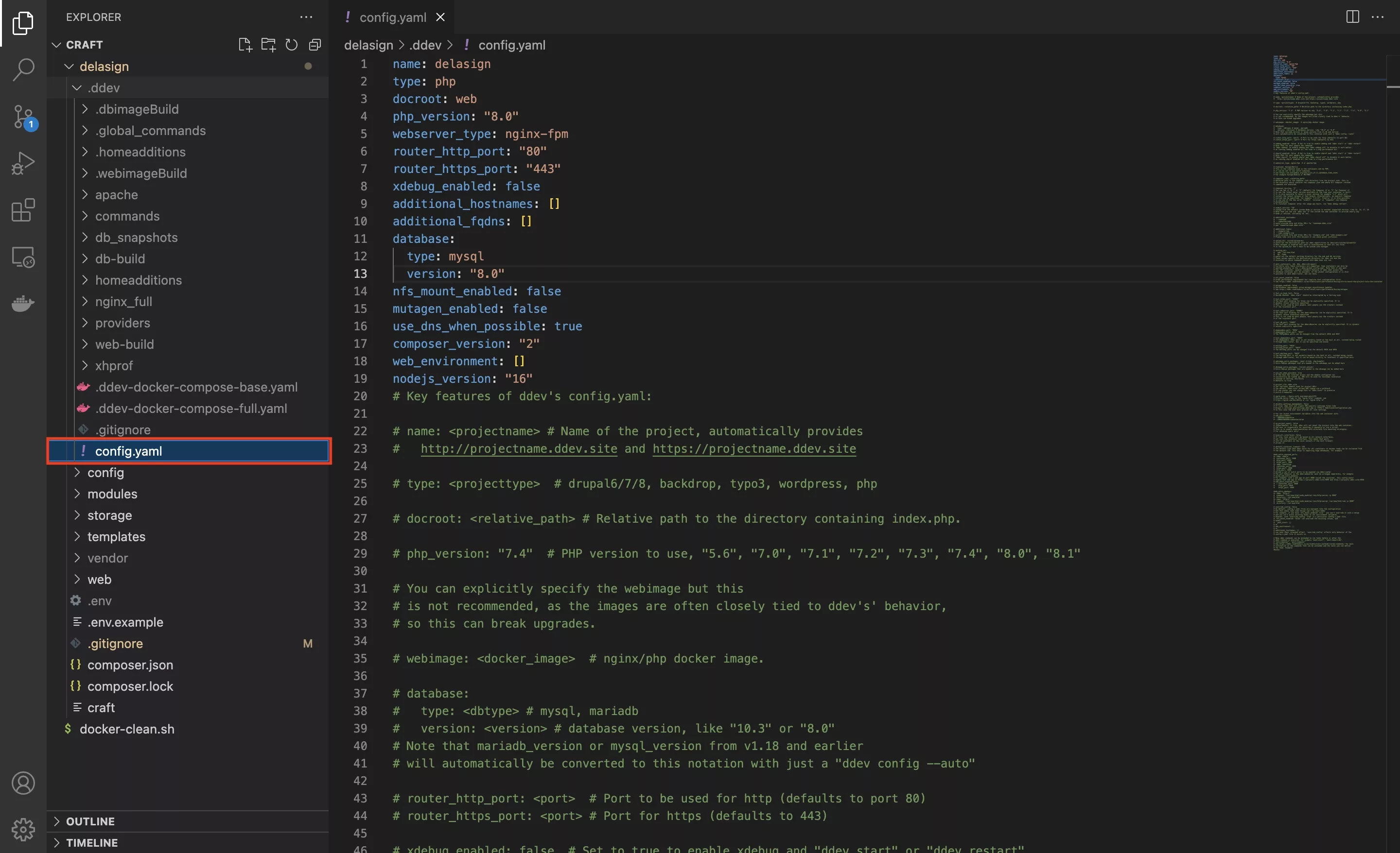 A screenshot of Visual Studio Code (VSCode) with the DDEV Config.yaml file.