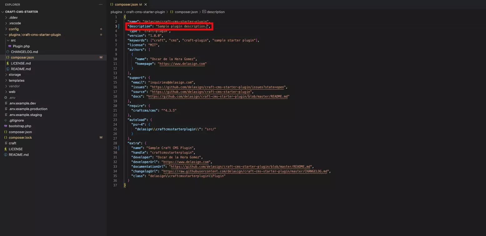 A screenshot of VSCode showing where you should update the description.