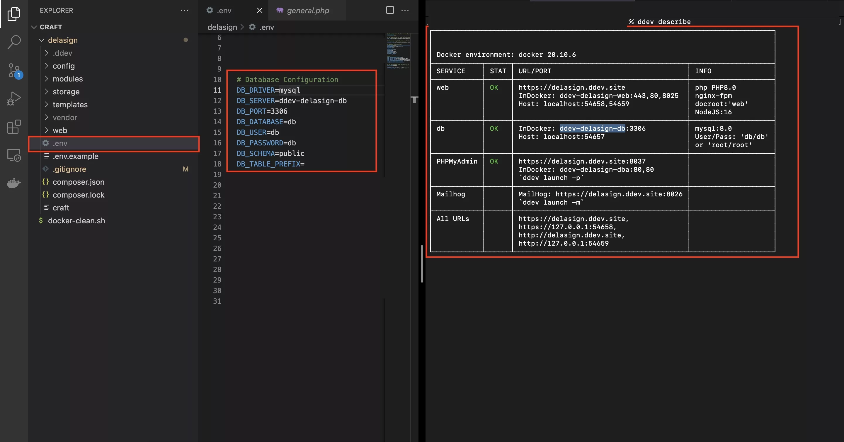 A screenshot that demonstrates the Craft CMS environment variables and the Terminal DDEV describe side by side, along with the changes that were made to ease your understanding. Key elements here are to update  all the DB_ parameters.