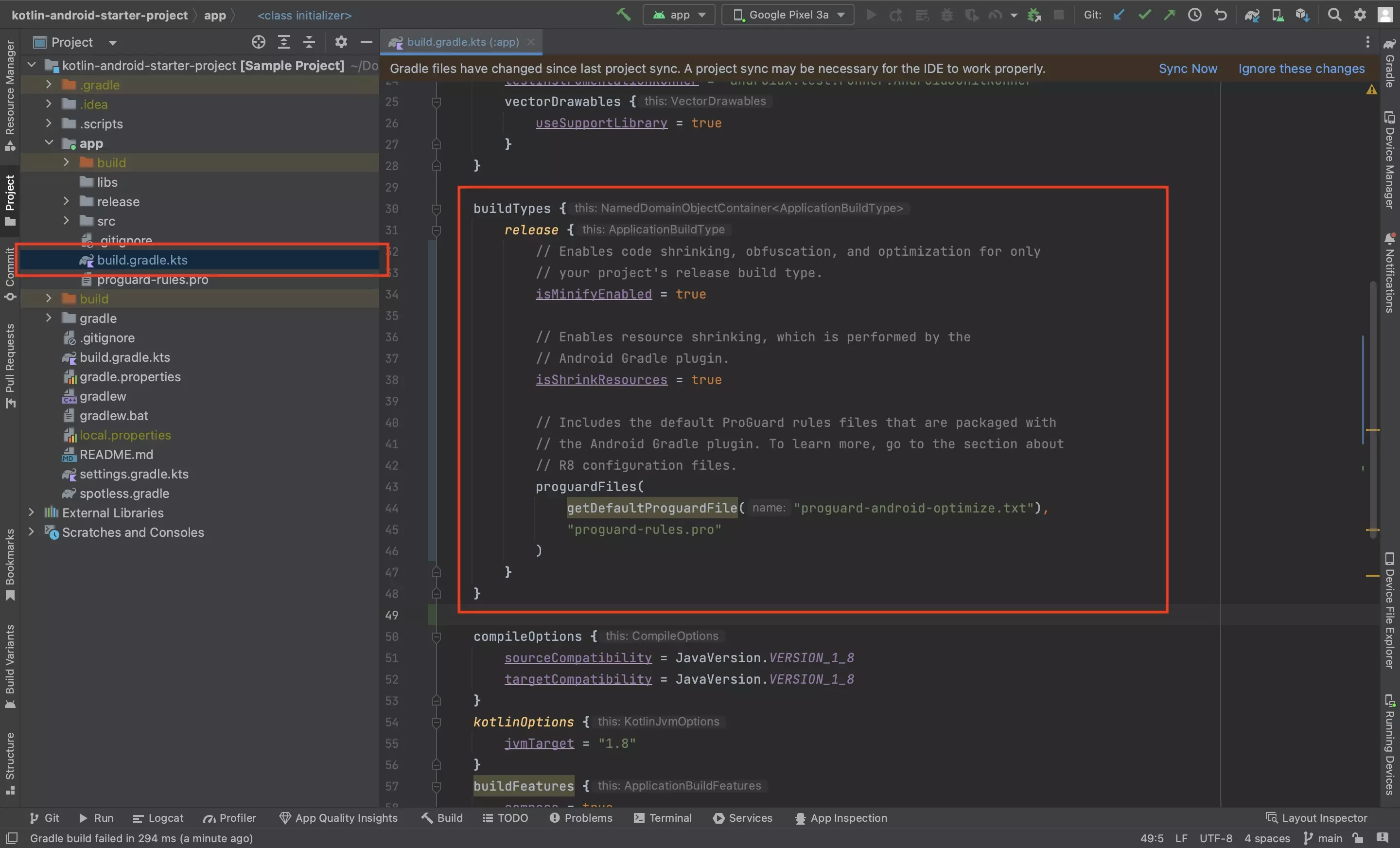A screenshot of Android Studio showing the app level build.gradle.kts file with the updated code that is provided below.