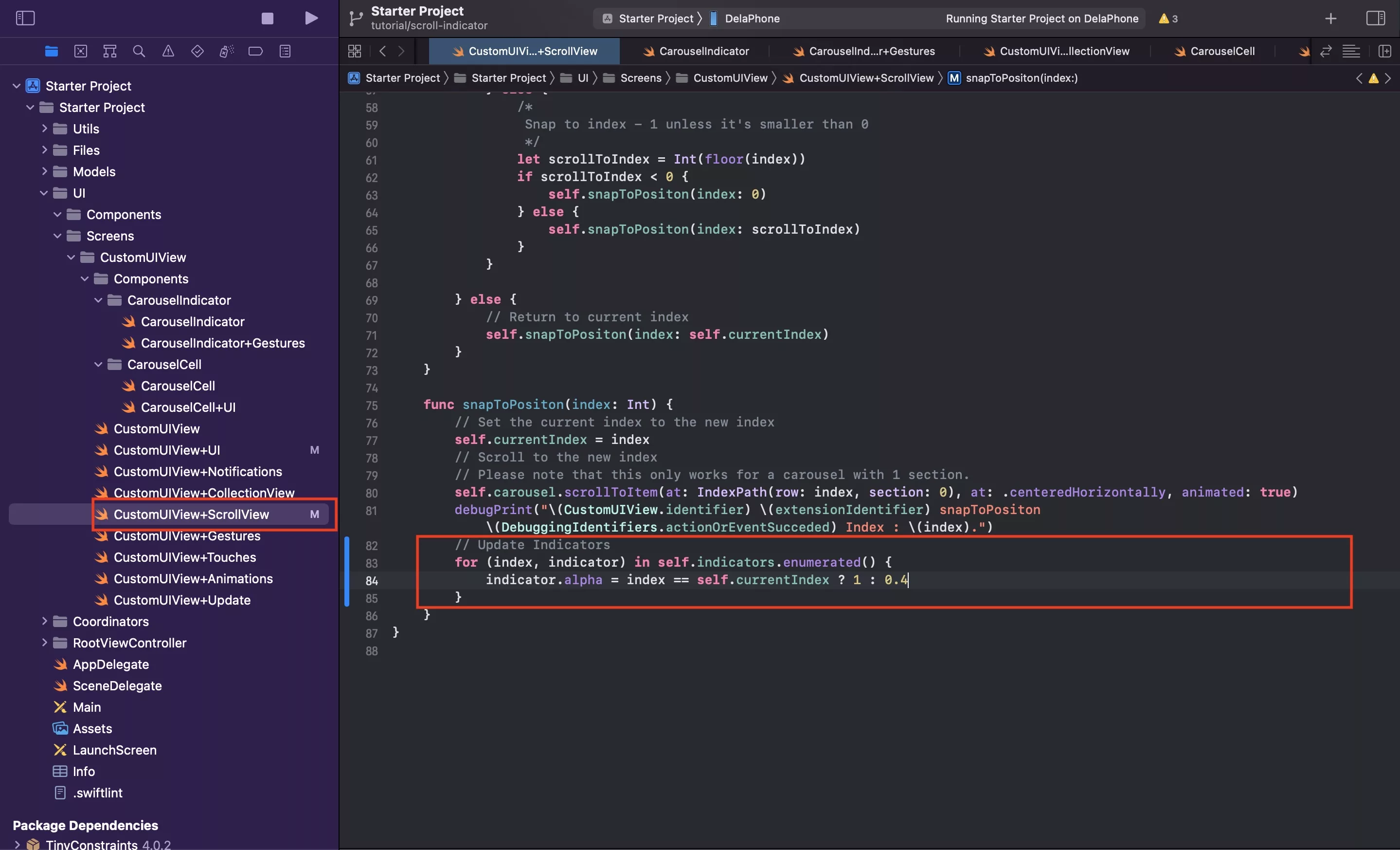 A screenshot showing you how we updated the indicators on scroll.