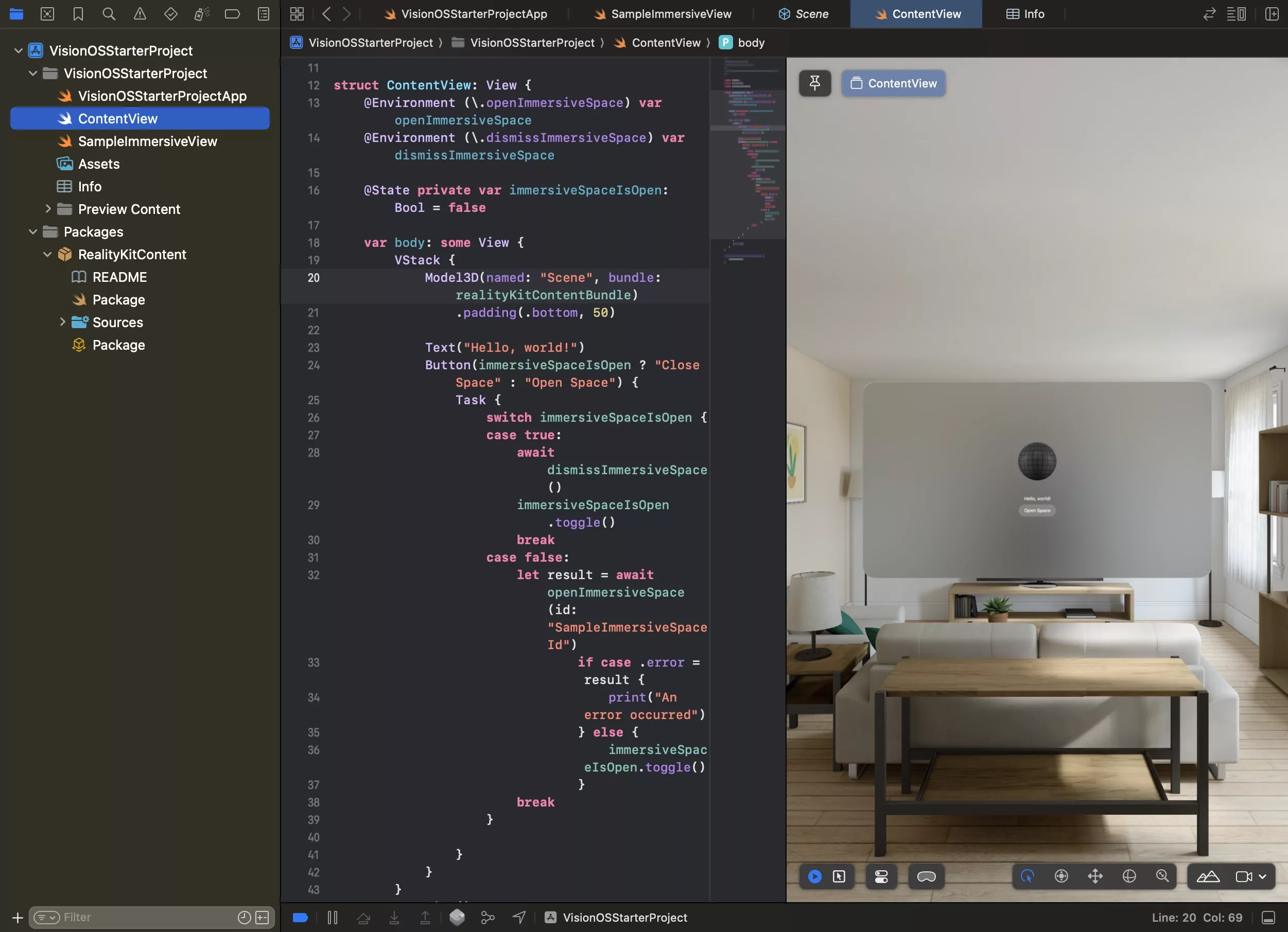 A screenshot of XCode showing how we updated the main window to allow it to open and close the immersive space.