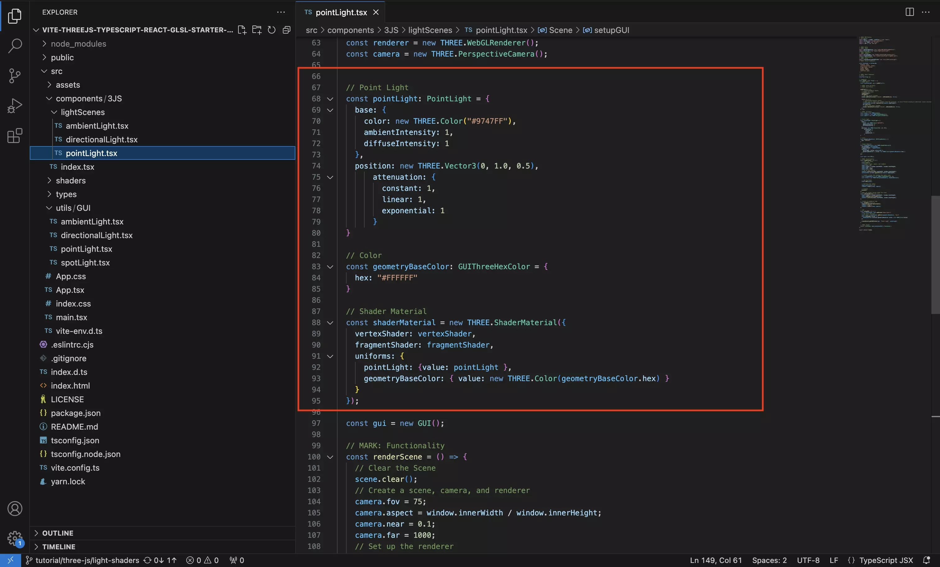A screenshot of VSCode showing how we updated the scene to make use of the Point Light shader.