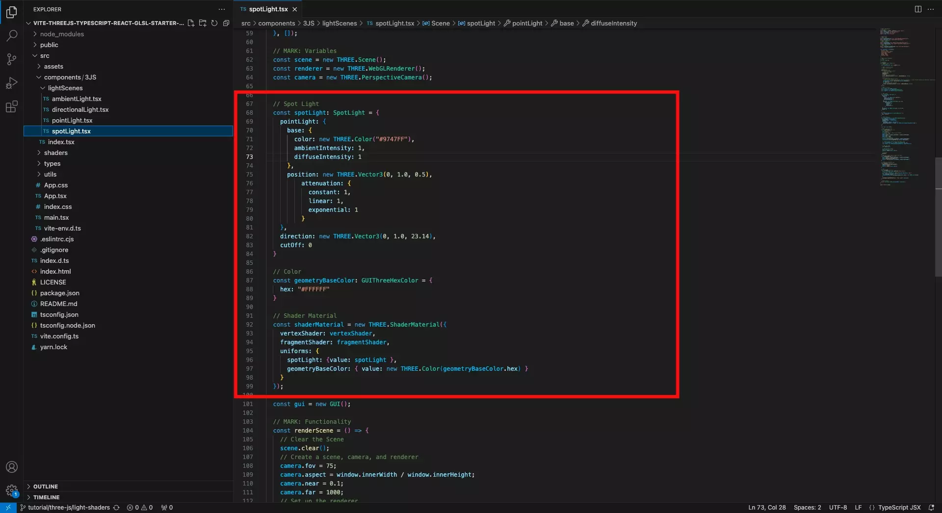 A screenshot of VSCode showing the updates we made to the scene.