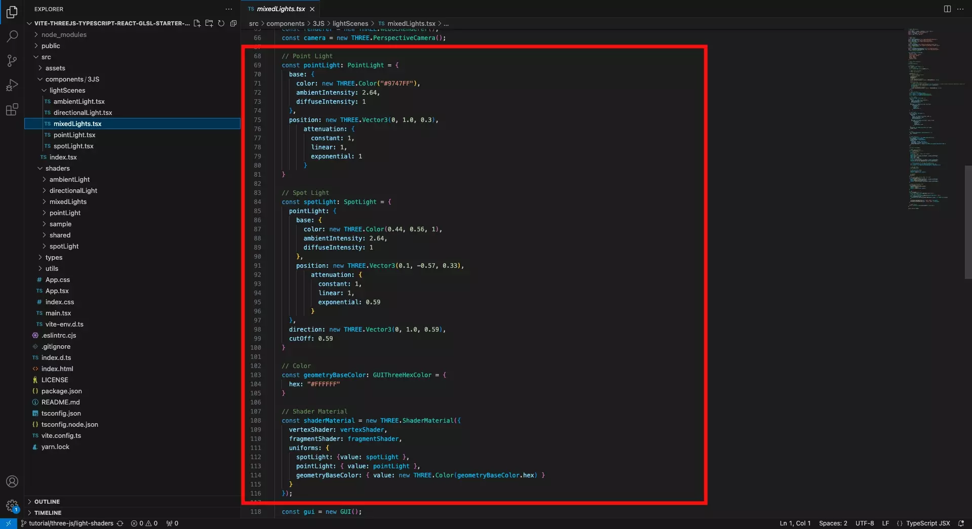 A screenshot of VSCode showing a scene that uses a point light, a spot light. These properties are passed into the shader as uniforms.